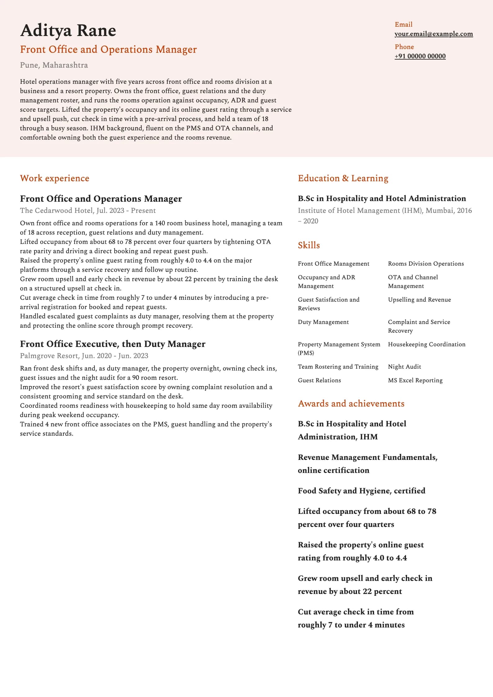 Hotel Manager resume example for Mid-level (5 years), modern template, showing professional summary, work experience, skills, education and certifications