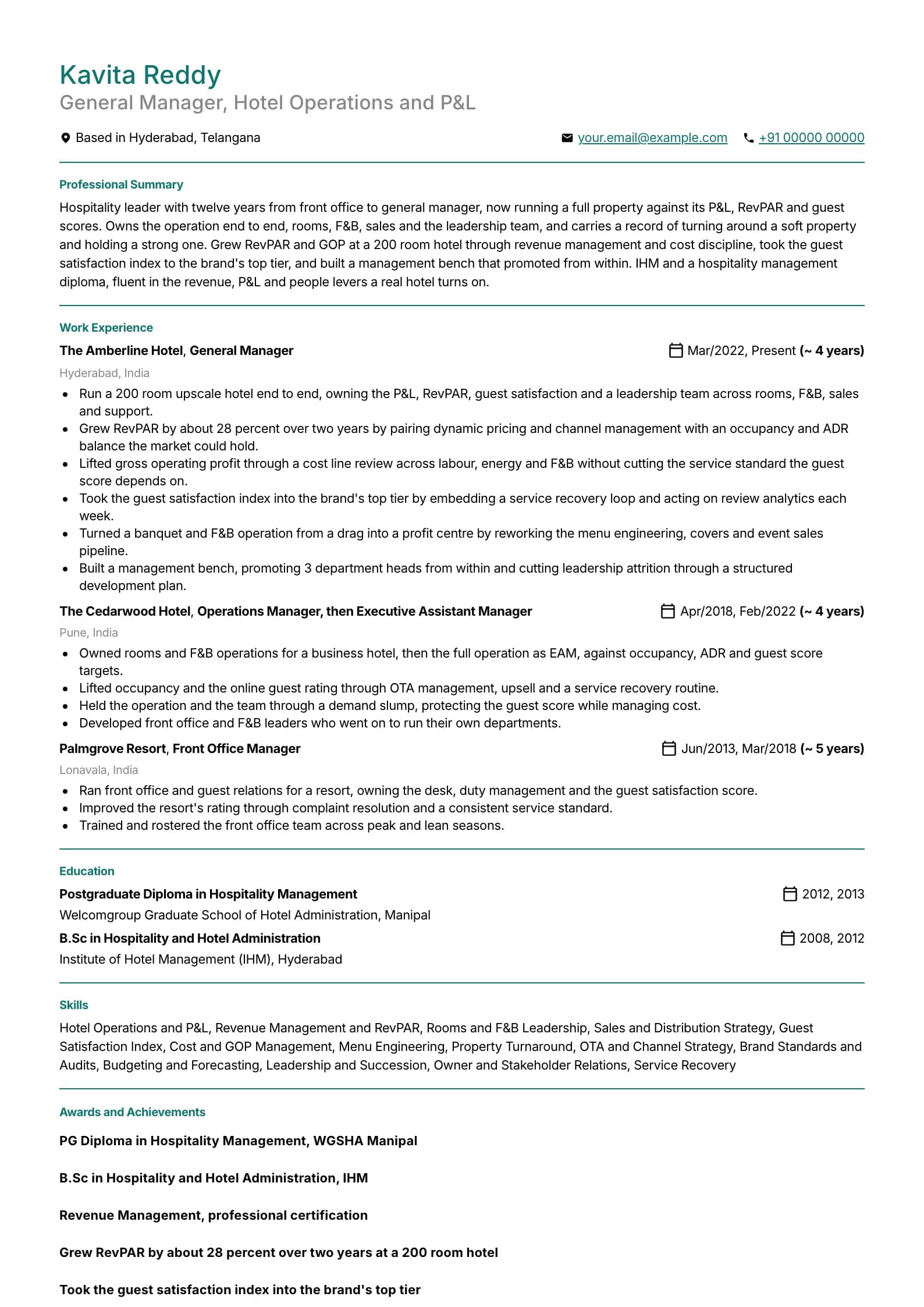 Hotel Manager resume example for Senior (12 years), minimalist template, showing professional summary, work experience, skills, education and certifications