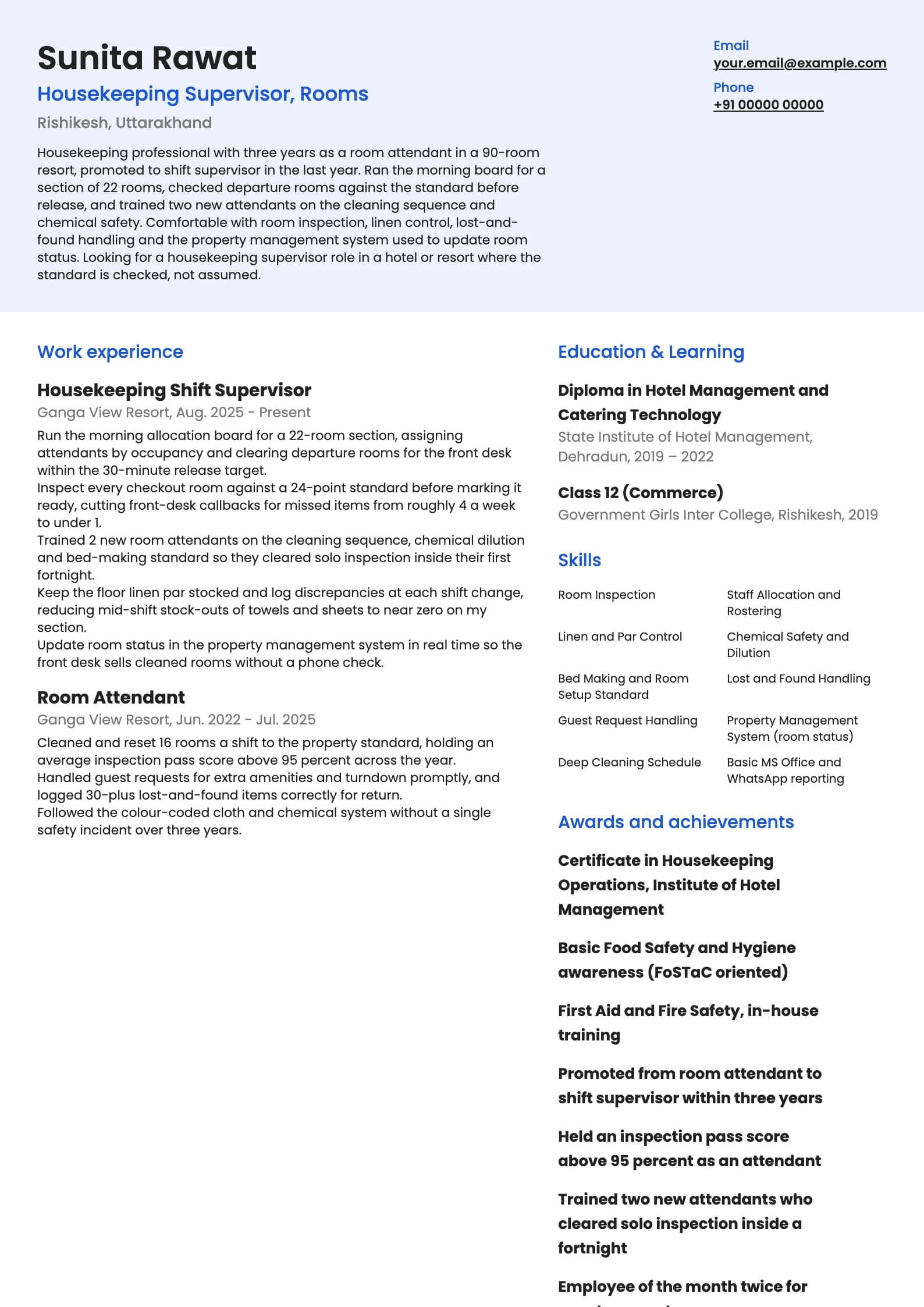 Housekeeping Supervisor resume example for New Supervisor (promoted from attendant), modern template, showing professional summary, work experience, skills, education and certifications
