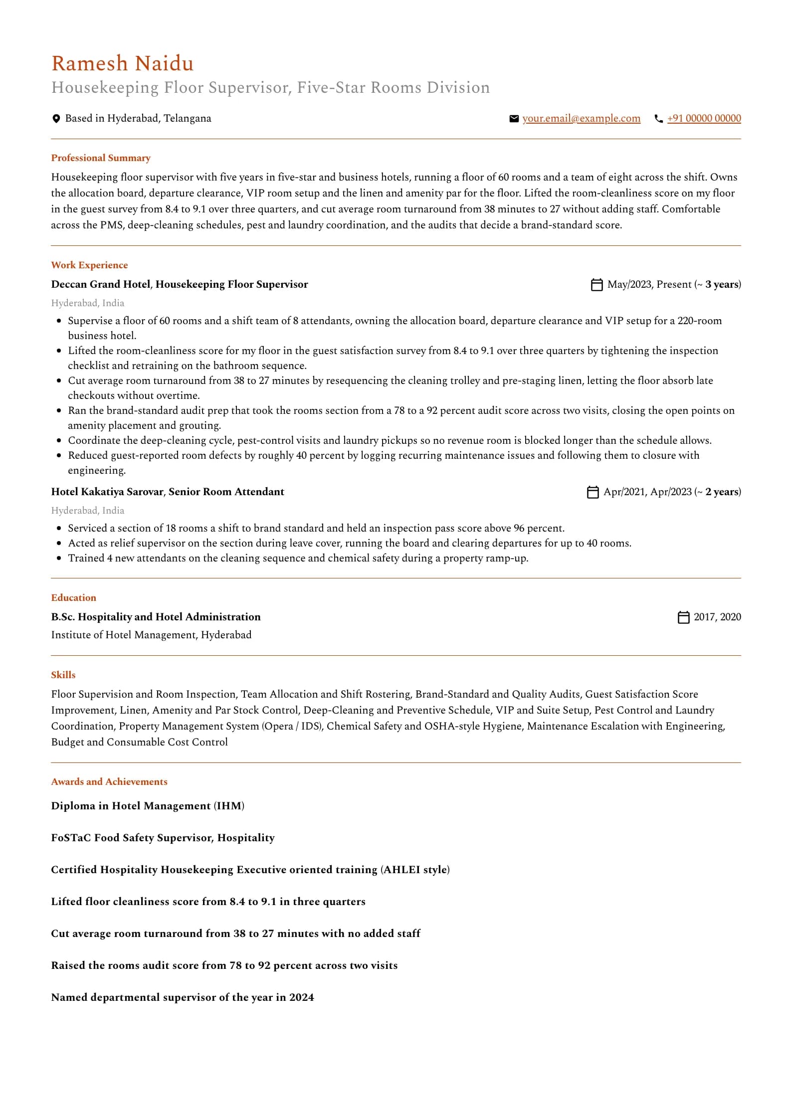 Housekeeping Supervisor resume example for Floor Supervisor (5 years), professional template, showing professional summary, work experience, skills, education and certifications