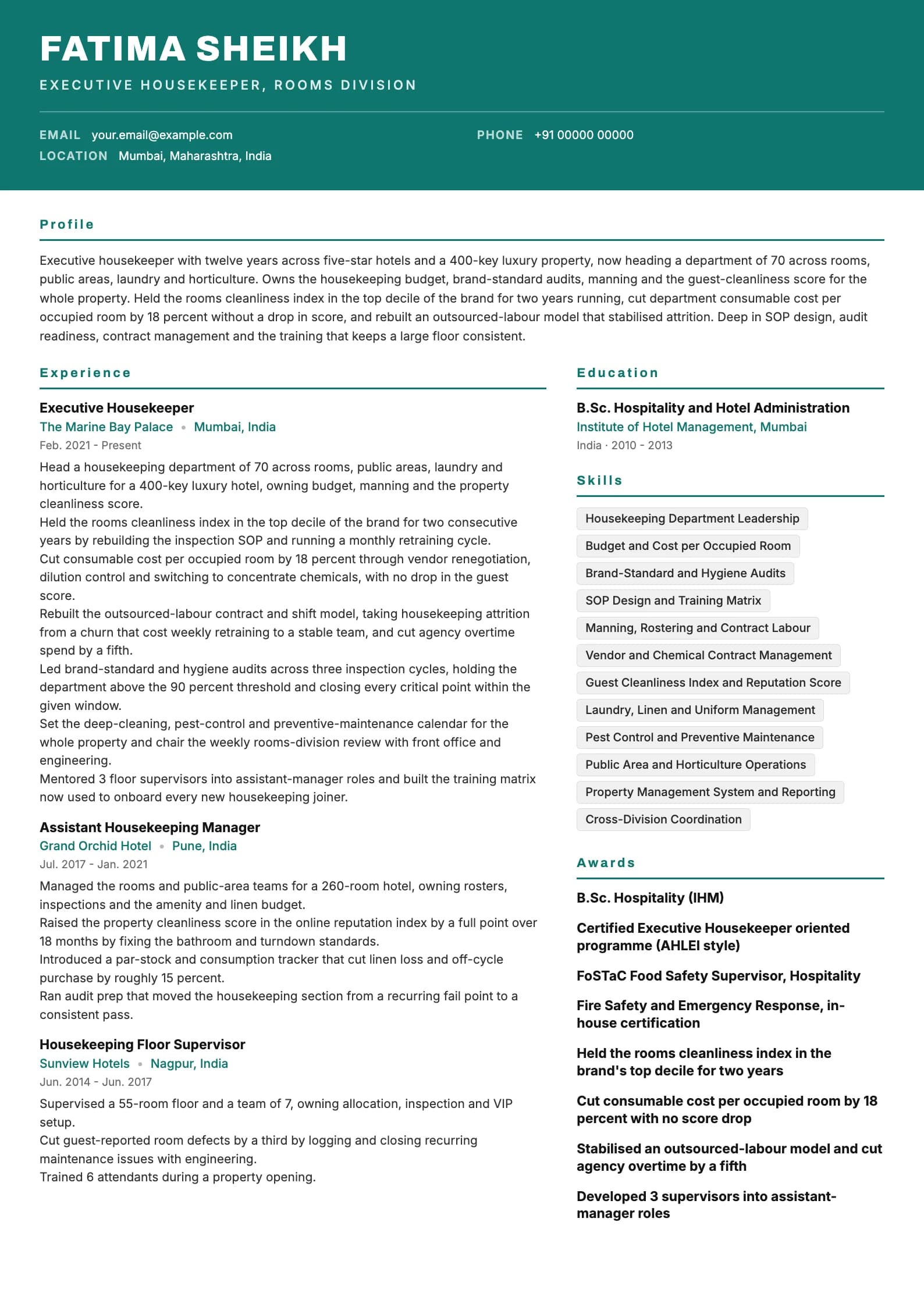 Housekeeping Supervisor resume example for Executive Housekeeper (12 years), header-band template, showing professional summary, work experience, skills, education and certifications