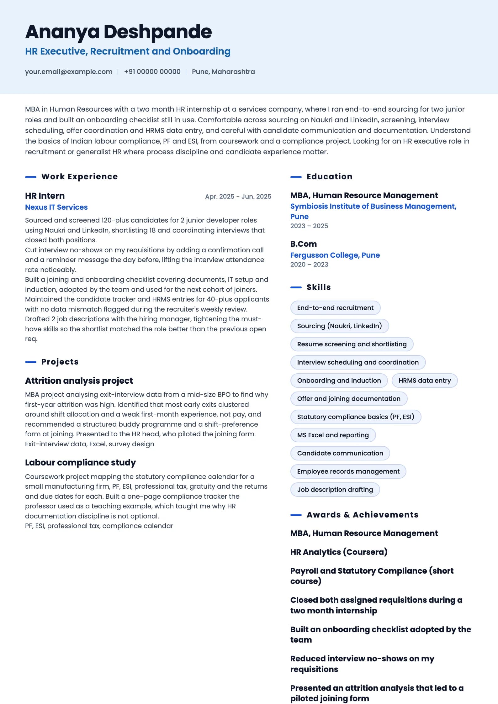 HR Executive resume example for Fresher (MBA HR + internship), ai-era template, showing professional summary, work experience, projects, skills, education and certifications