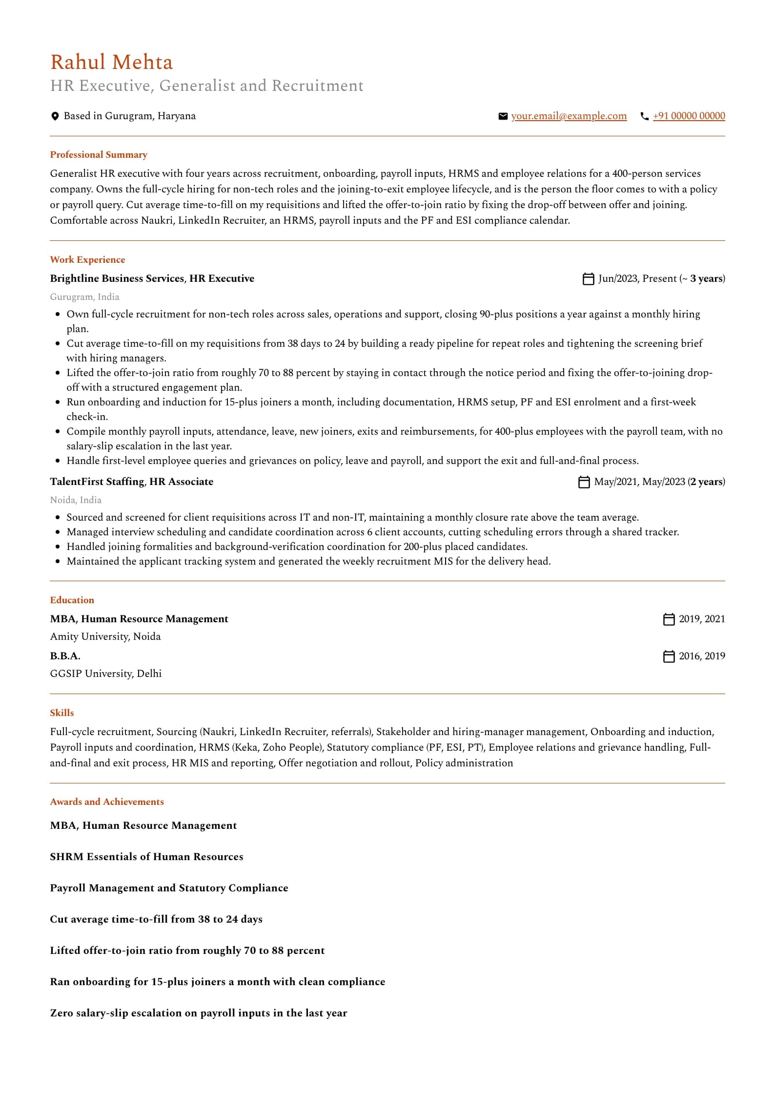 HR Executive resume example for HR Executive (4 years), professional template, showing professional summary, work experience, skills, education and certifications