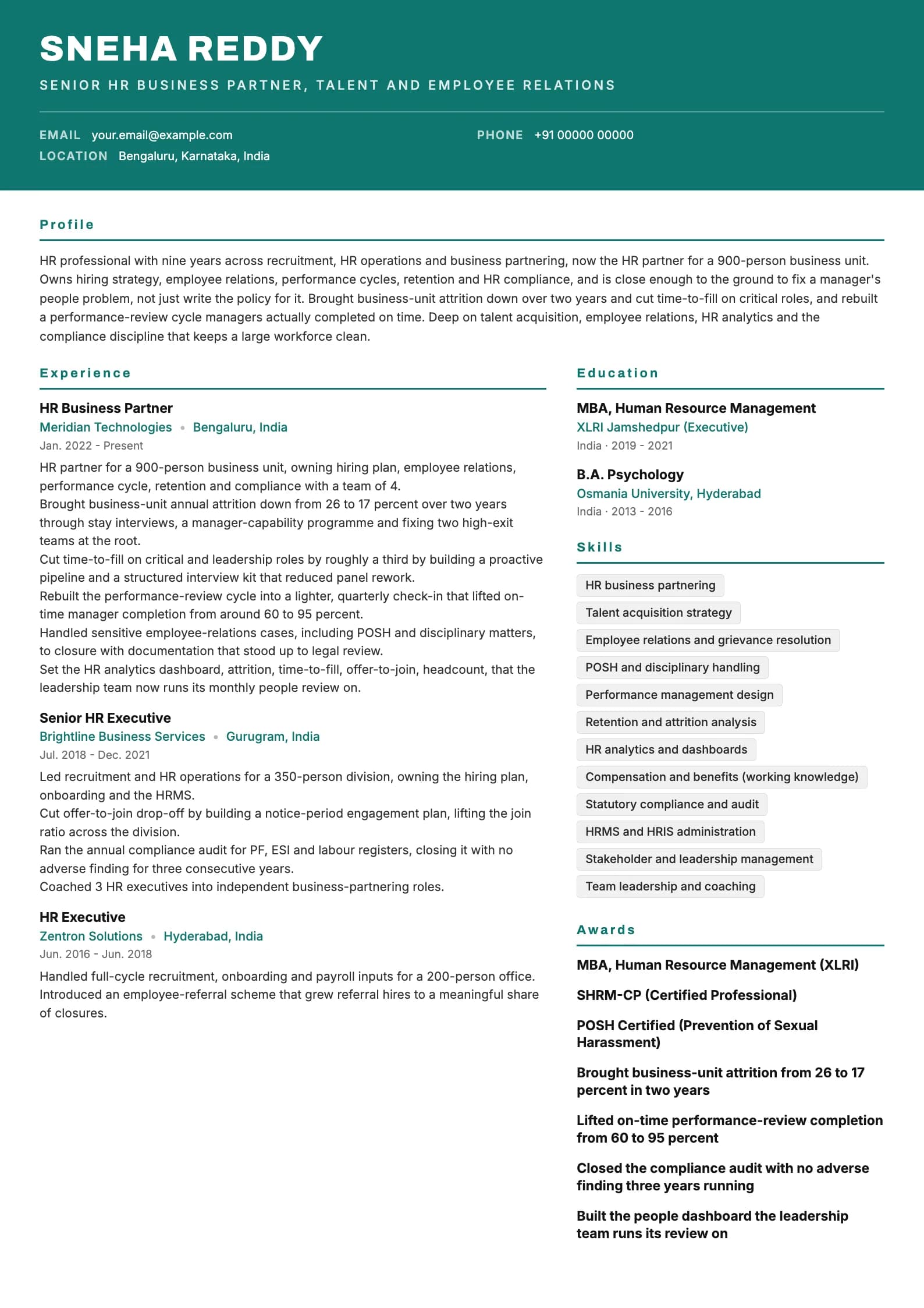 HR Executive resume example for Senior HR (9 years), header-band template, showing professional summary, work experience, skills, education and certifications