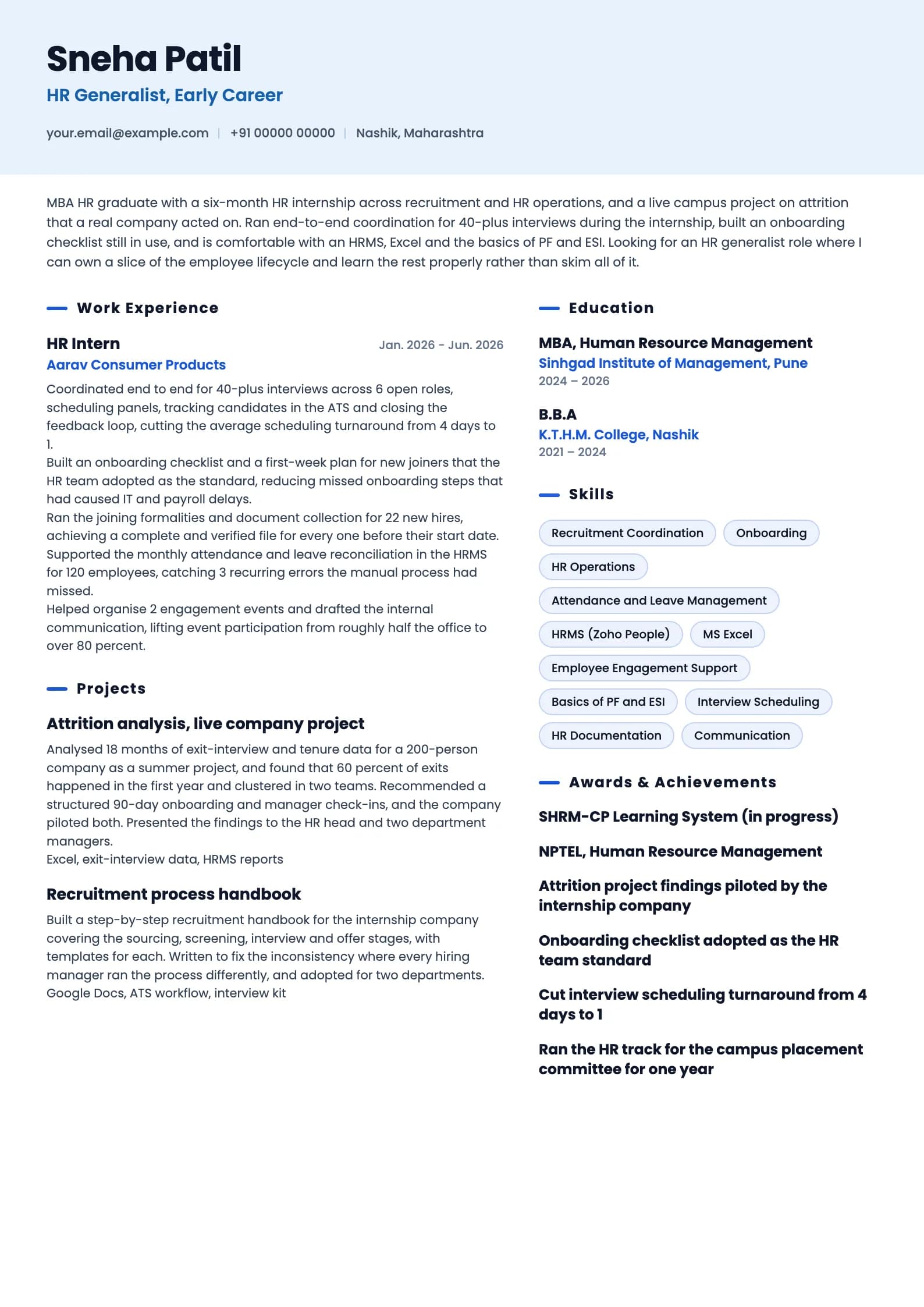 HR Generalist resume example for Fresher (0 years), ai-era template, showing professional summary, work experience, projects, skills, education and certifications