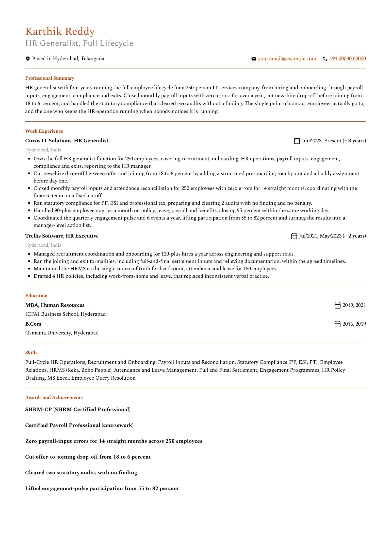 HR Generalist resume example for HR Generalist (4 years), minimalist template, showing professional summary, work experience, skills, education and certifications