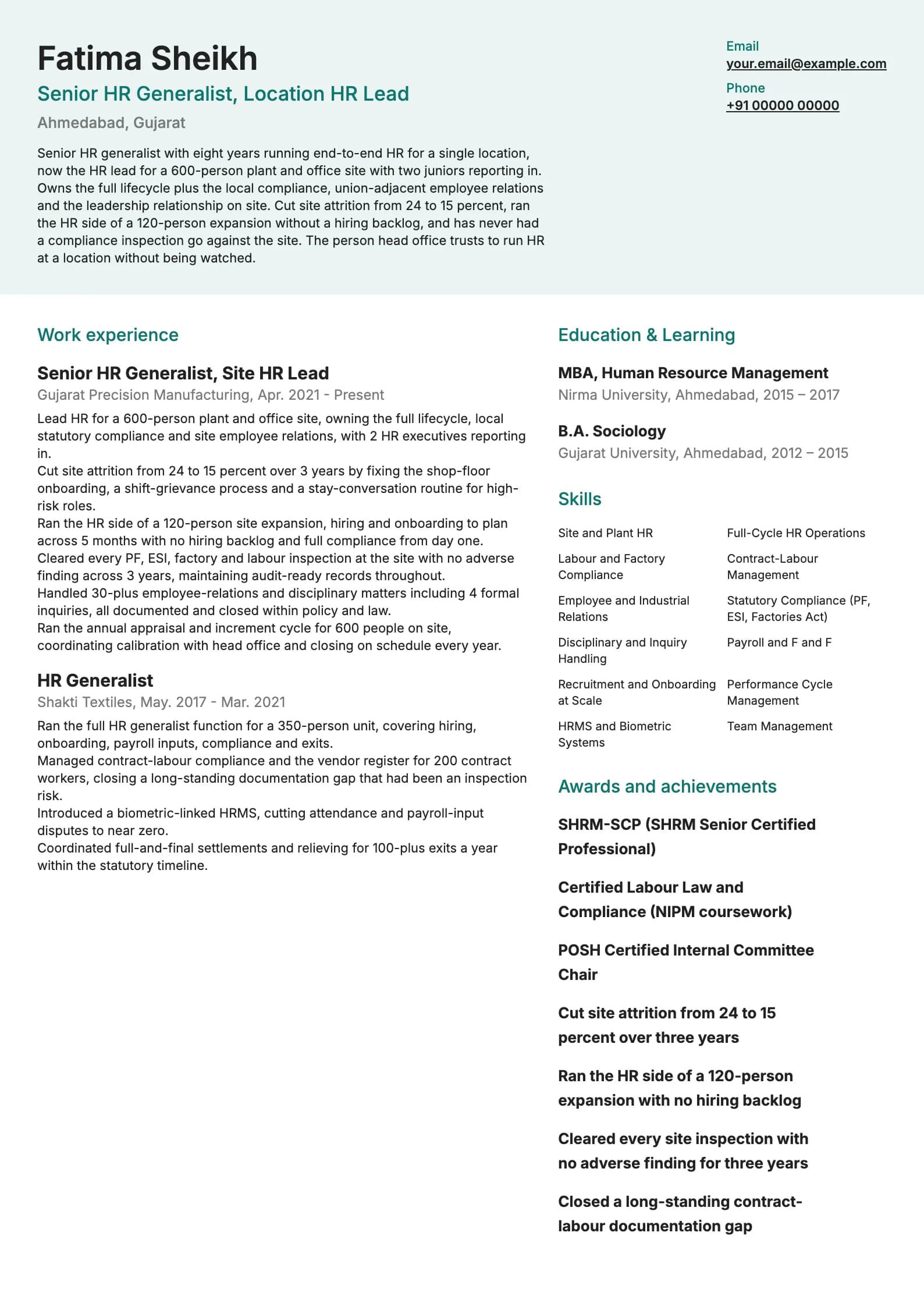 HR Generalist resume example for Senior HR Generalist (8 years), modern template, showing professional summary, work experience, skills, education and certifications