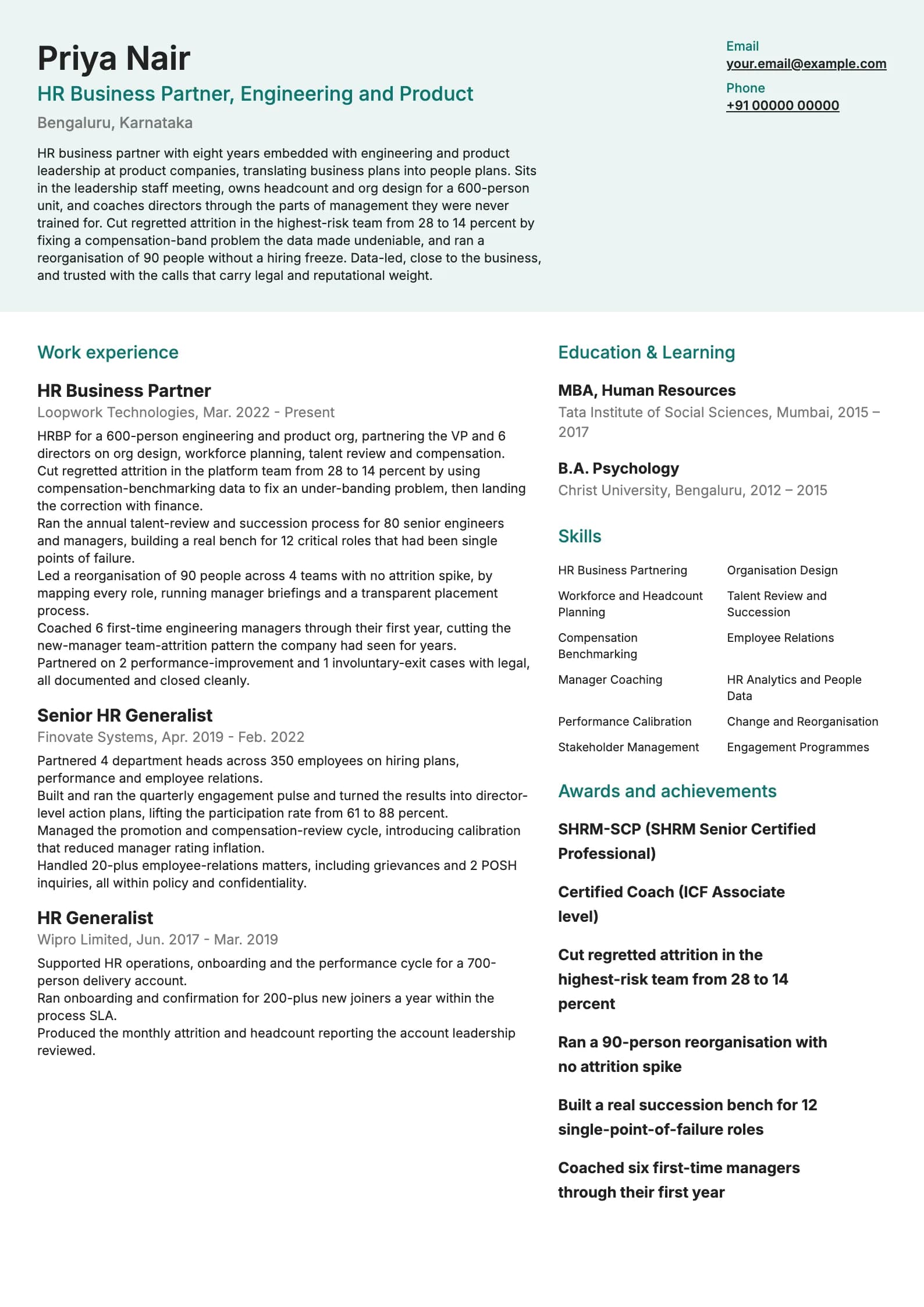 HR Manager resume example for HR Business Partner (8 years), modern template, showing professional summary, work experience, skills, education and certifications
