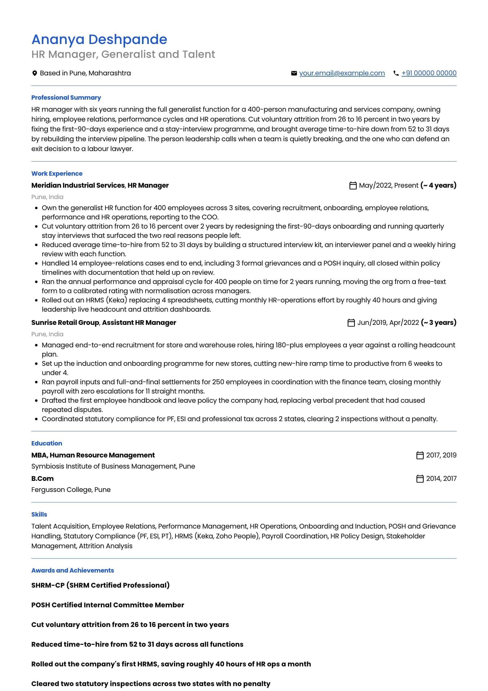 HR Manager resume example for HR Manager (6 years), professional template, showing professional summary, work experience, skills, education and certifications