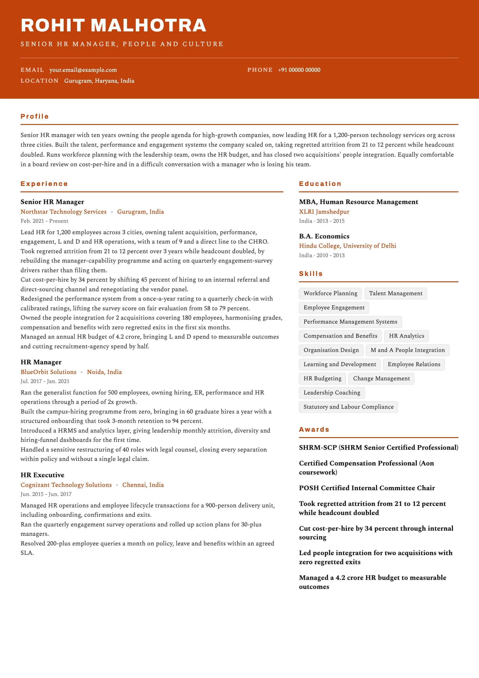 HR Manager resume example for Senior HR Manager (10 years), header-band template, showing professional summary, work experience, skills, education and certifications