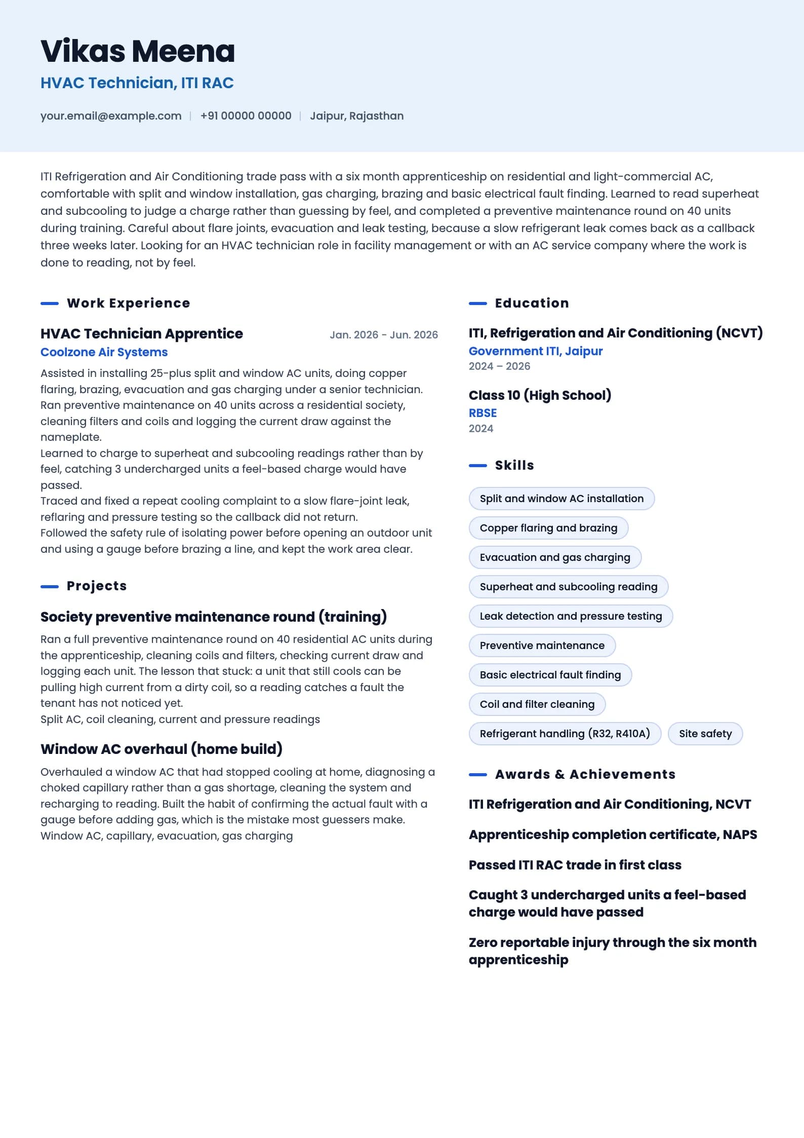 HVAC Technician resume example for Fresher (ITI, 0 years), ai-era template, showing professional summary, work experience, projects, skills, education and certifications