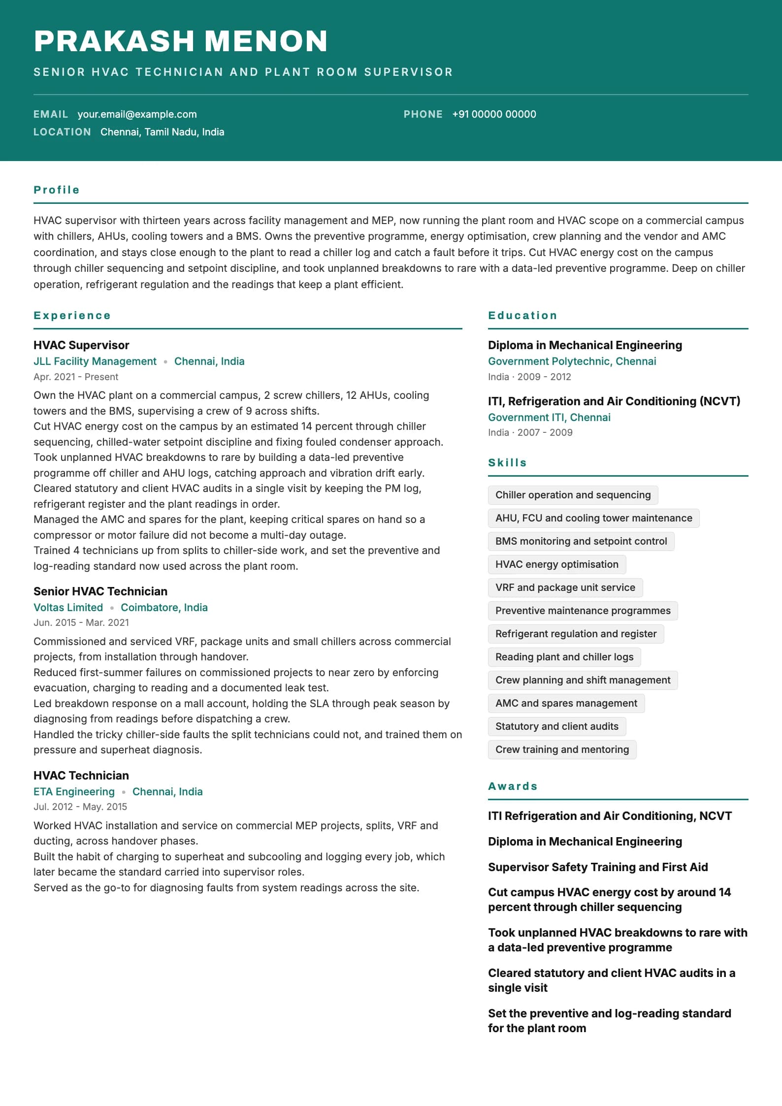 HVAC Technician resume example for Senior (13 years), header-band template, showing professional summary, work experience, skills, education and certifications