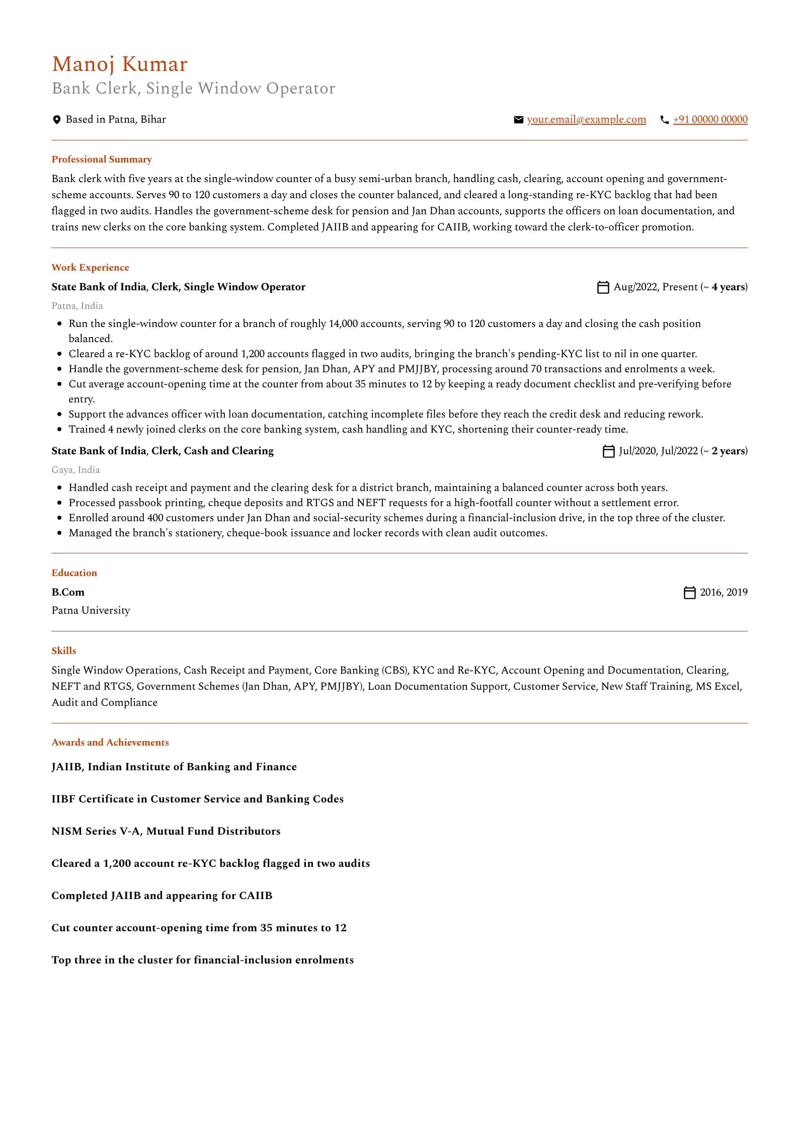 IBPS Clerk resume example for Experienced Clerk (5 years), professional template, showing professional summary, work experience, skills, education and certifications