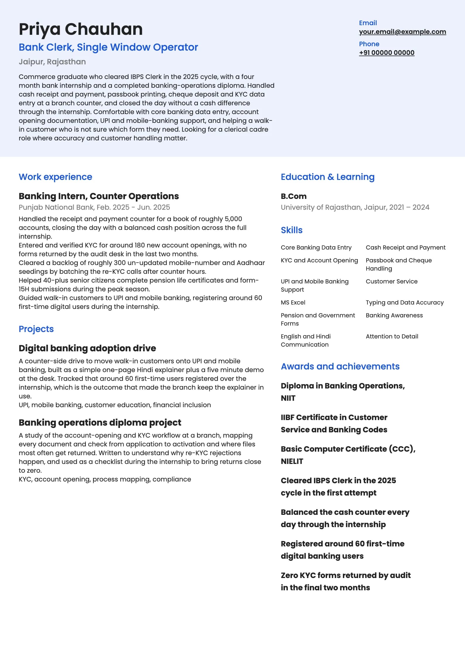 IBPS Clerk resume example for Fresher (0 years), modern template, showing professional summary, work experience, projects, skills, education and certifications