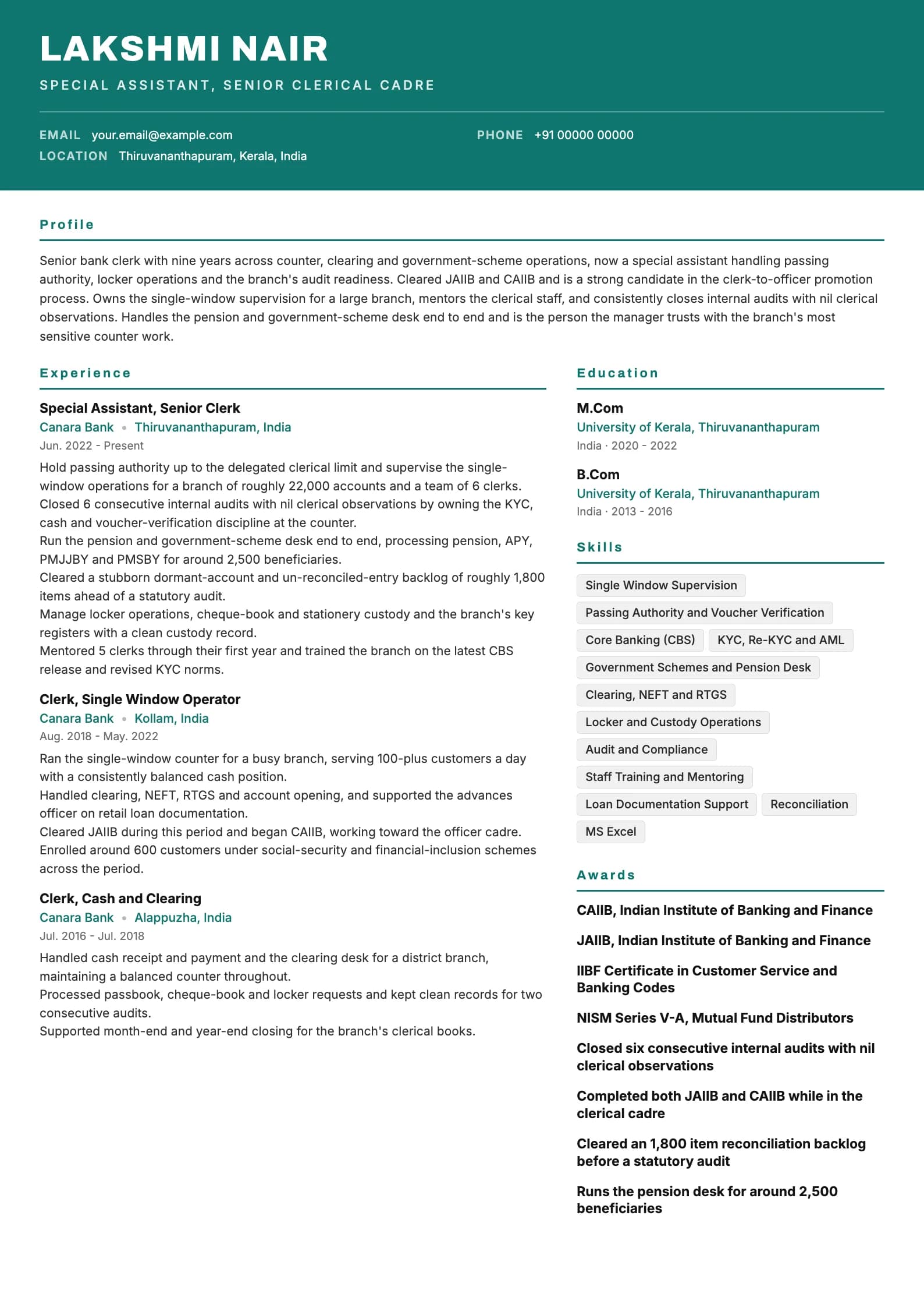 IBPS Clerk resume example for Special Assistant (9 years), header-band template, showing professional summary, work experience, skills, education and certifications