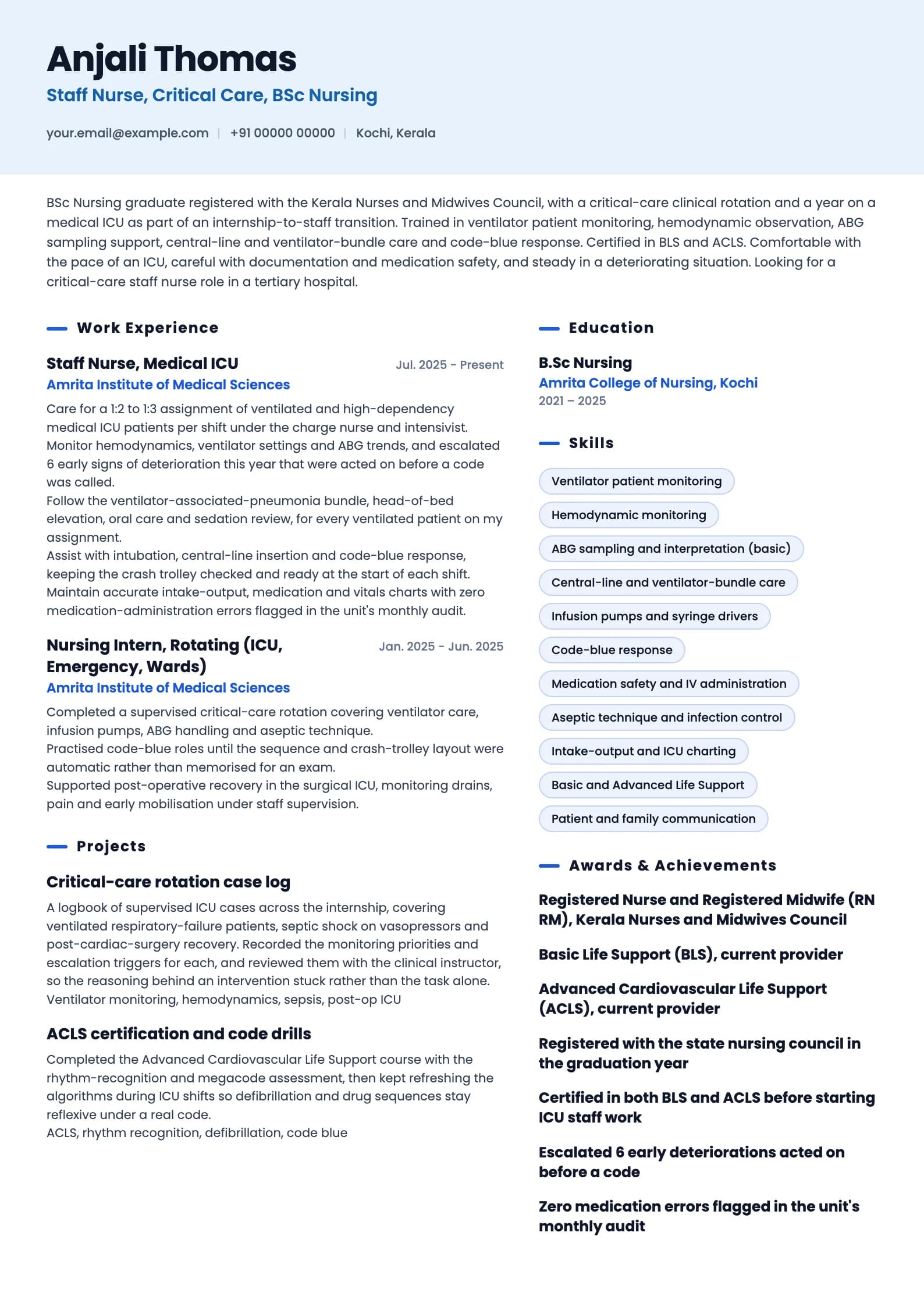 ICU Nurse resume example for Fresher (0 to 1 year), ai-era template, showing professional summary, work experience, projects, skills, education and certifications