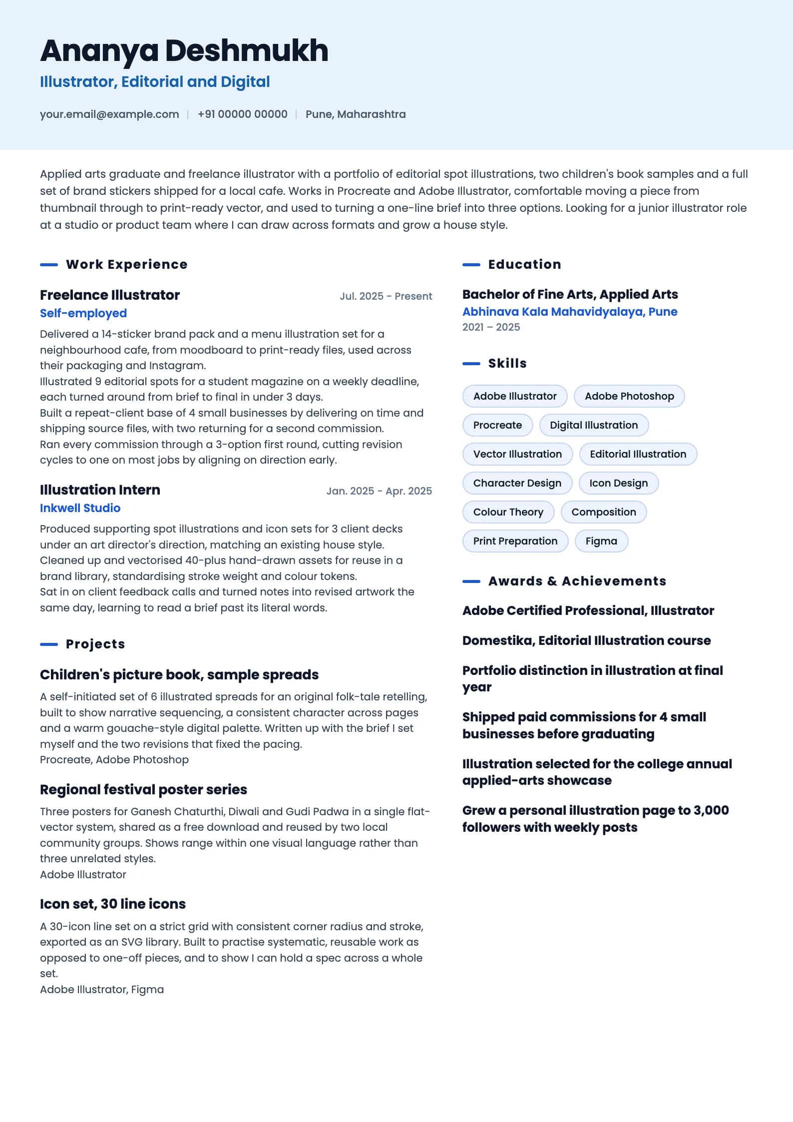 Illustrator resume example for Fresher (0 to 1 years), ai-era template, showing professional summary, work experience, projects, skills, education and certifications