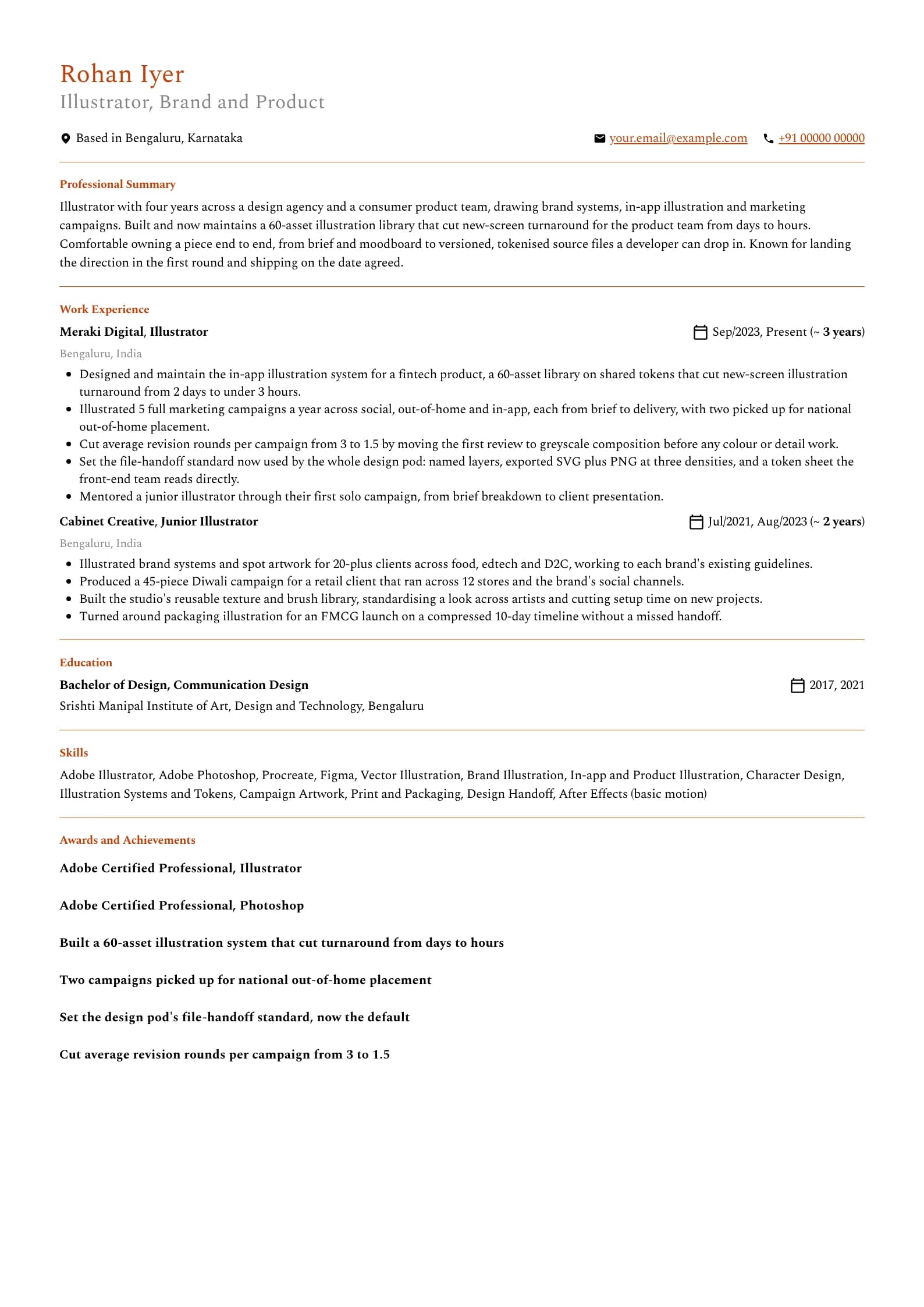Illustrator resume example for Mid-level (4 years), professional template, showing professional summary, work experience, skills, education and certifications