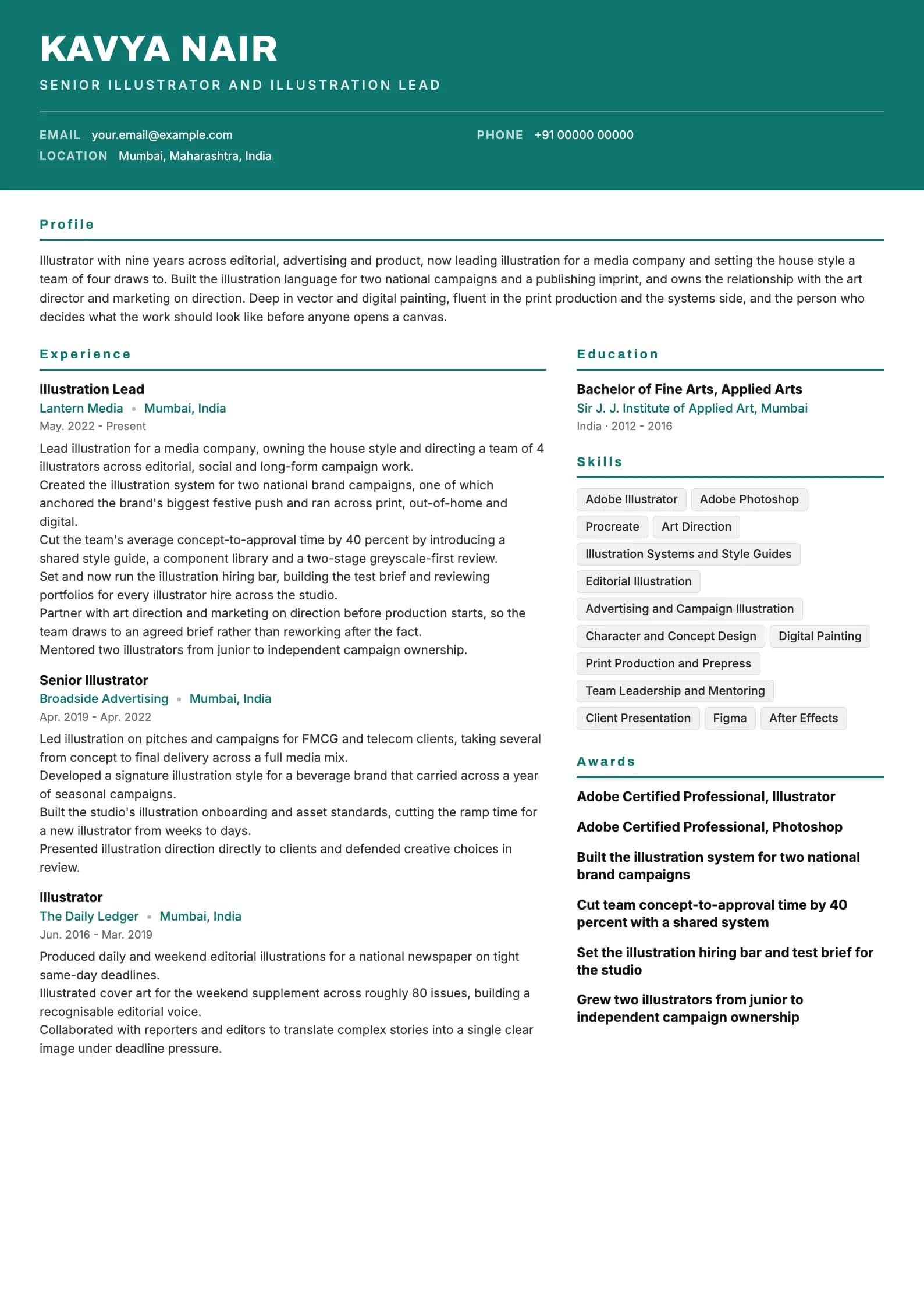 Illustrator resume example for Senior (9 years), header-band template, showing professional summary, work experience, skills, education and certifications
