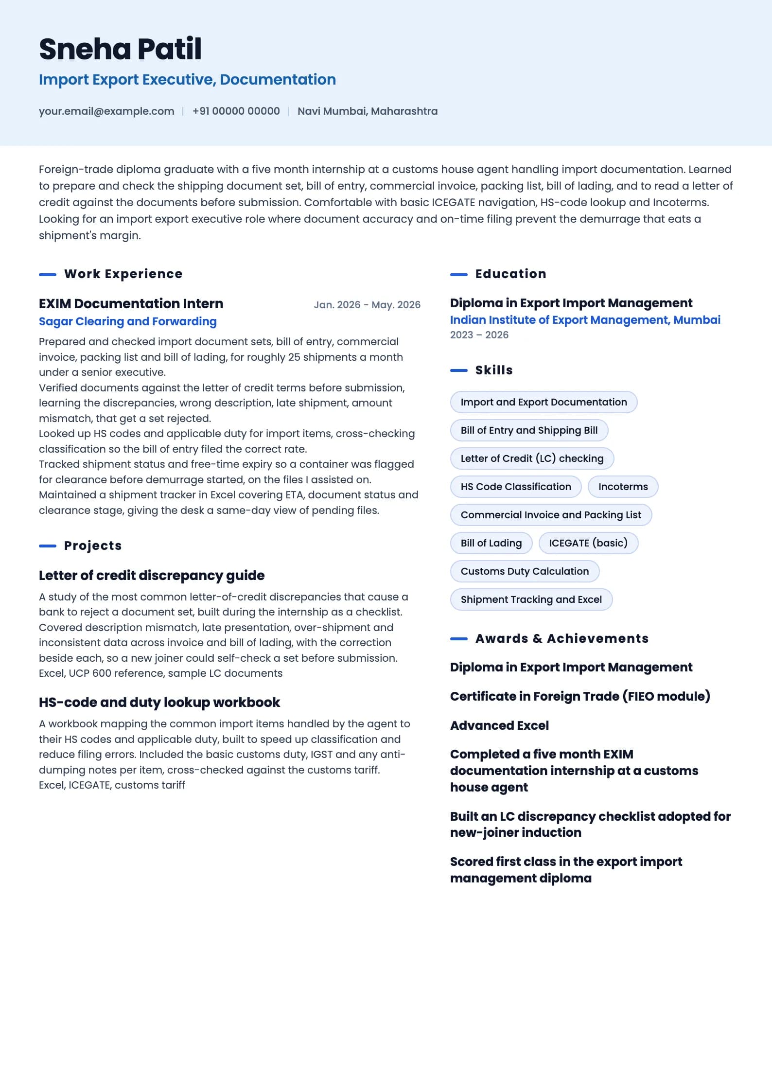 Import Export Executive resume example for Fresher (0 years), ai-era template, showing professional summary, work experience, projects, skills, education and certifications