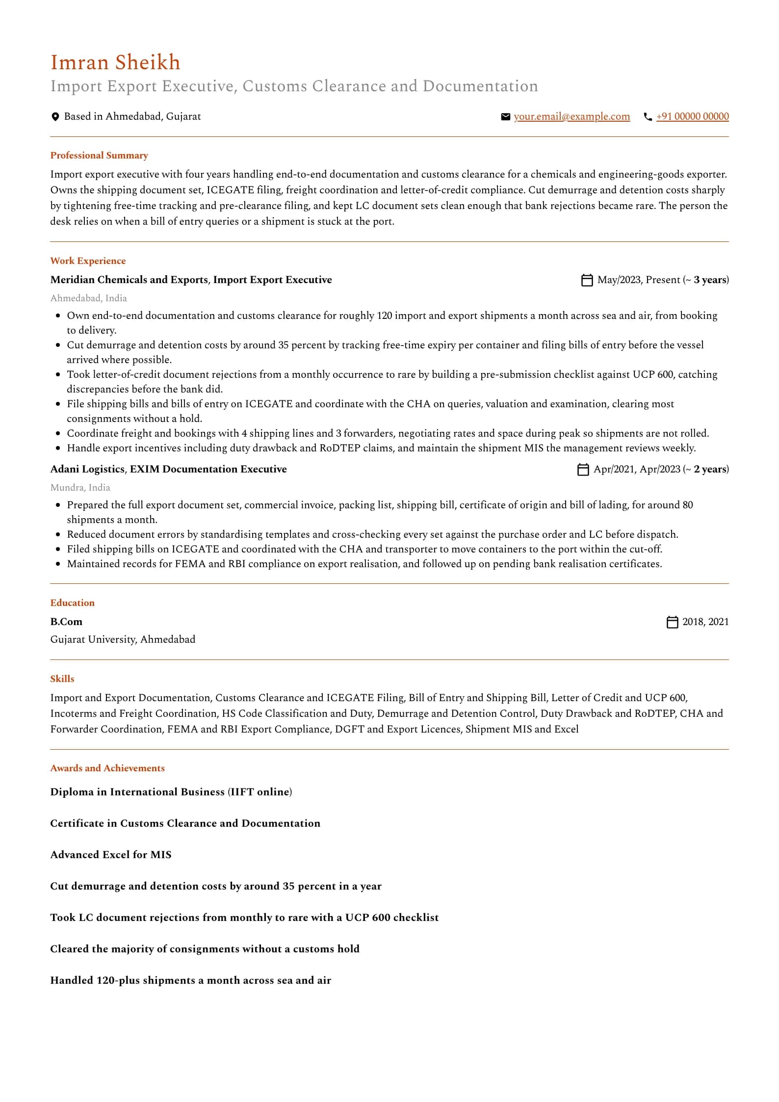 Import Export Executive resume example for Mid-level (4 years), professional template, showing professional summary, work experience, skills, education and certifications