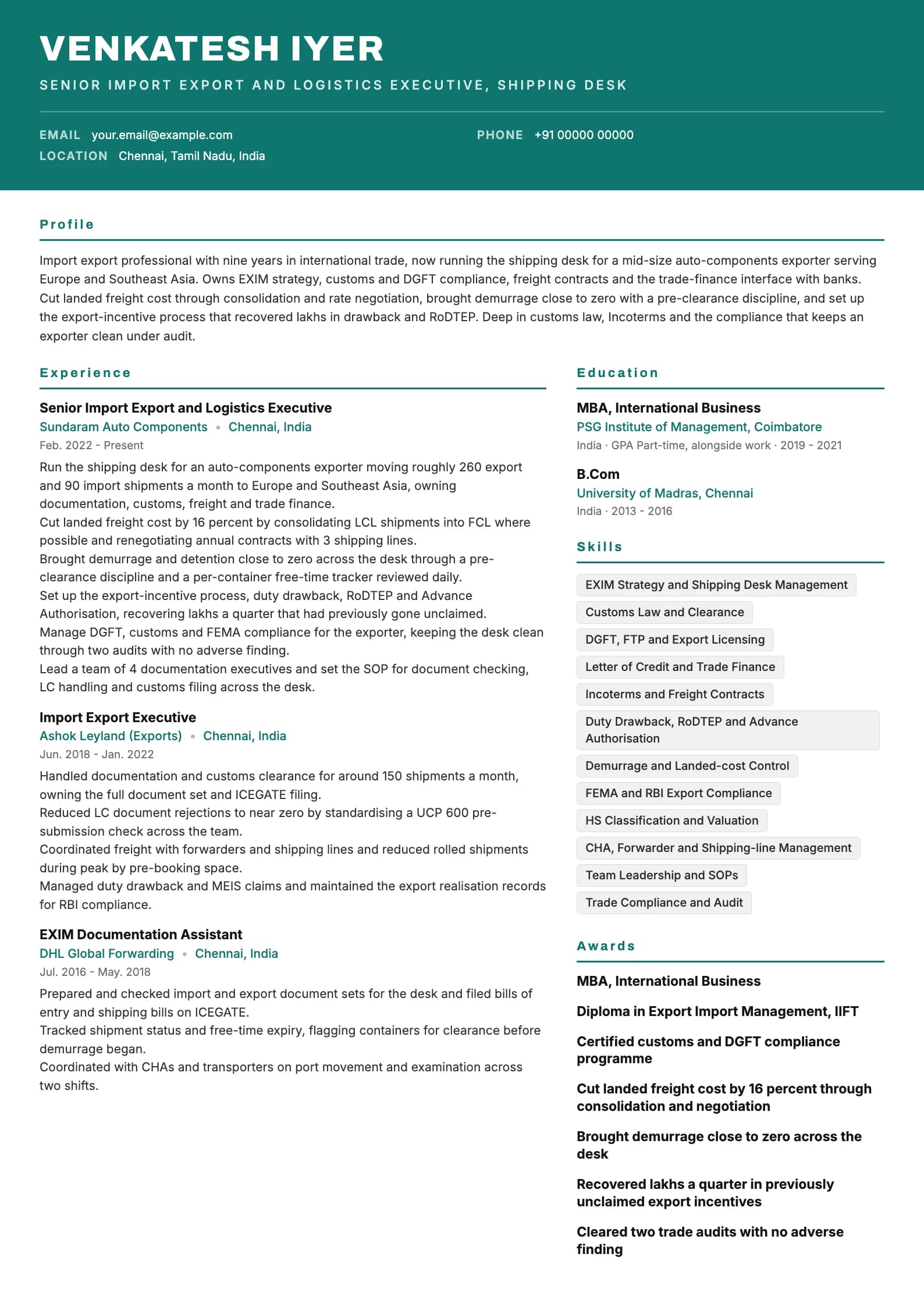 Import Export Executive resume example for Senior (9 years), header-band template, showing professional summary, work experience, skills, education and certifications