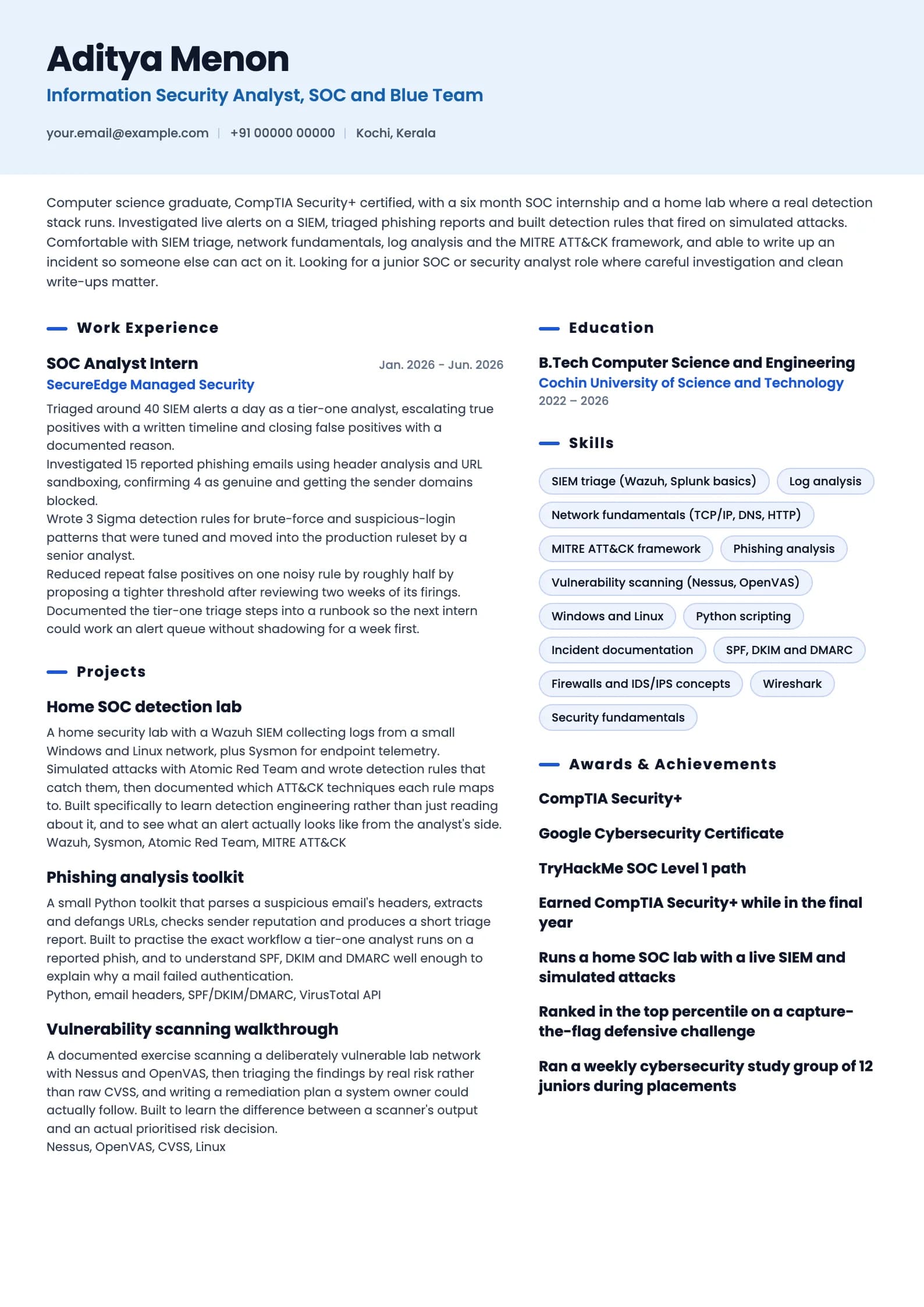 Information Security Analyst resume example for Fresher (0 years), ai-era template, showing professional summary, work experience, projects, skills, education and certifications