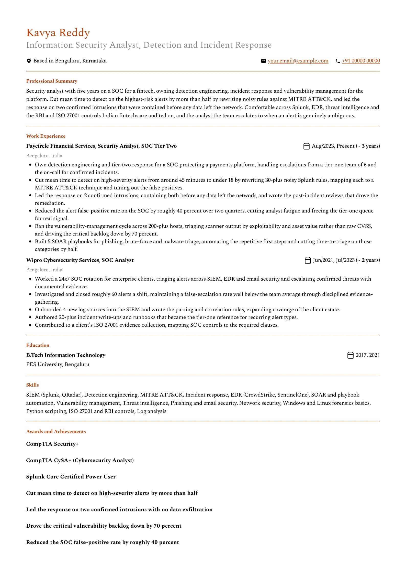 Information Security Analyst resume example for Mid-level (5 years), professional template, showing professional summary, work experience, skills, education and certifications