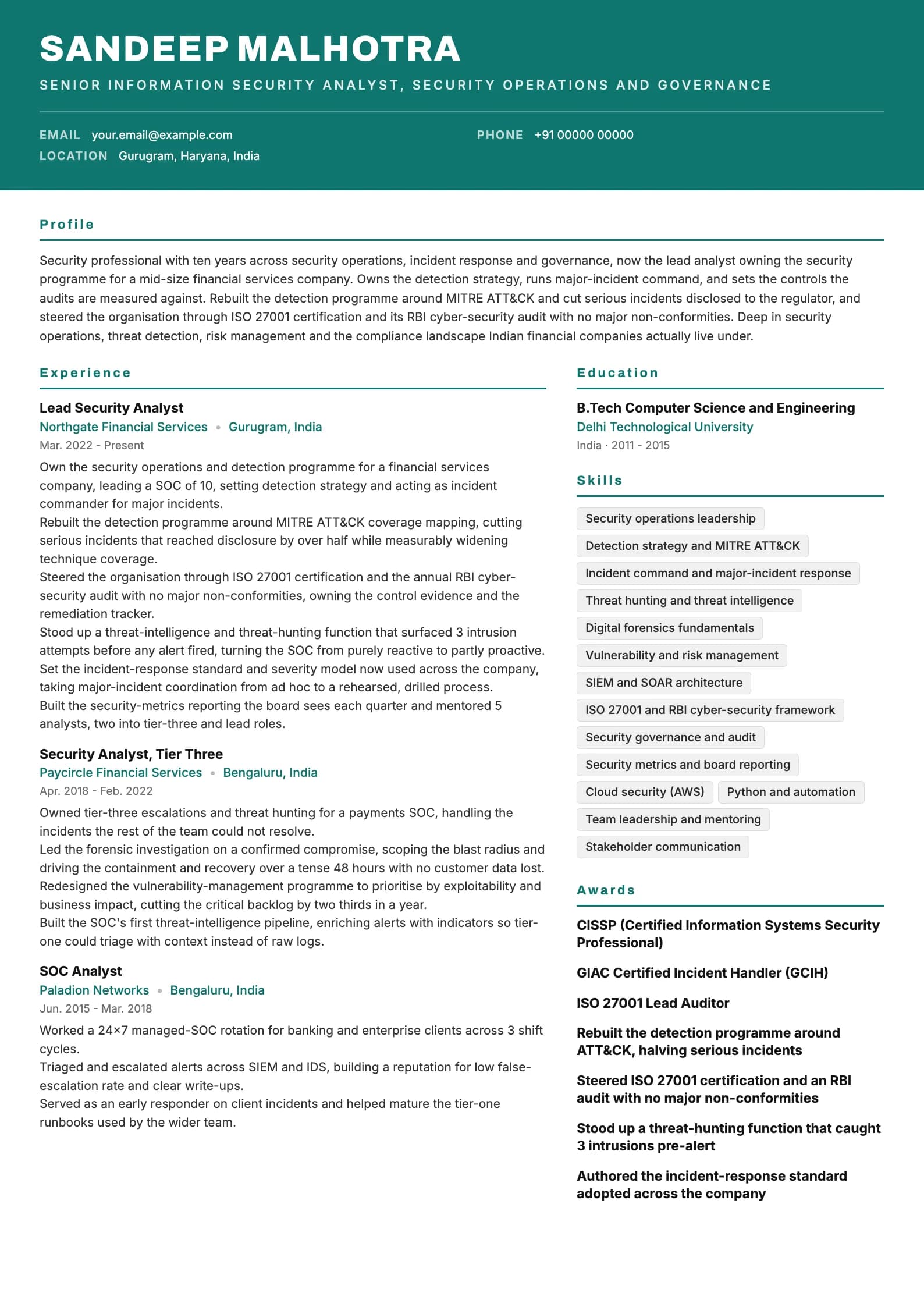Information Security Analyst resume example for Senior (10 years), header-band template, showing professional summary, work experience, skills, education and certifications