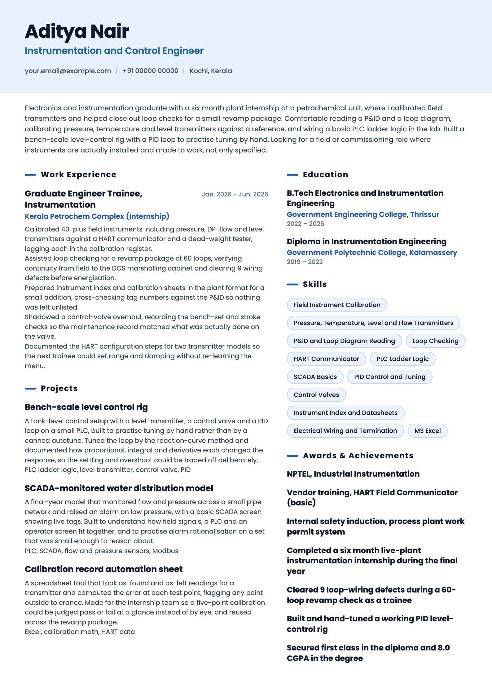 Instrumentation Engineer resume example for Fresher (0 years), ai-era template, showing professional summary, work experience, projects, skills, education and certifications