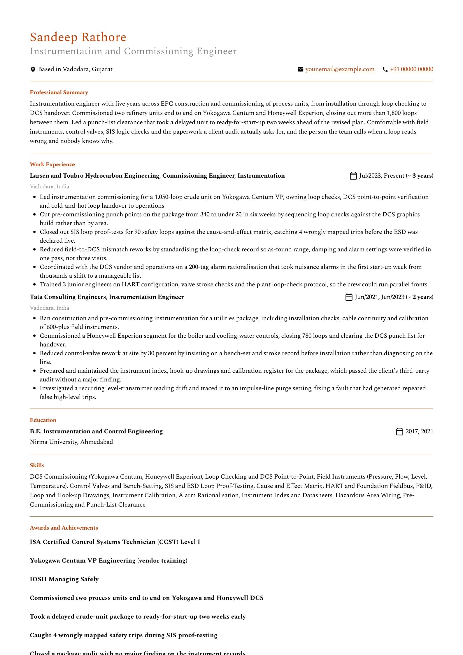 Instrumentation Engineer resume example for Commissioning engineer (5 years), professional template, showing professional summary, work experience, skills, education and certifications