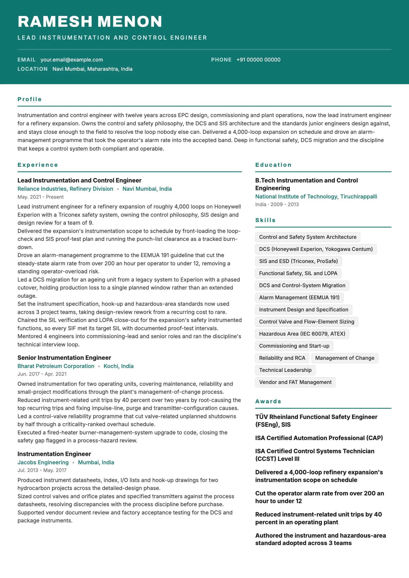 Instrumentation Engineer resume example for Lead engineer (12 years), header-band template, showing professional summary, work experience, skills, education and certifications