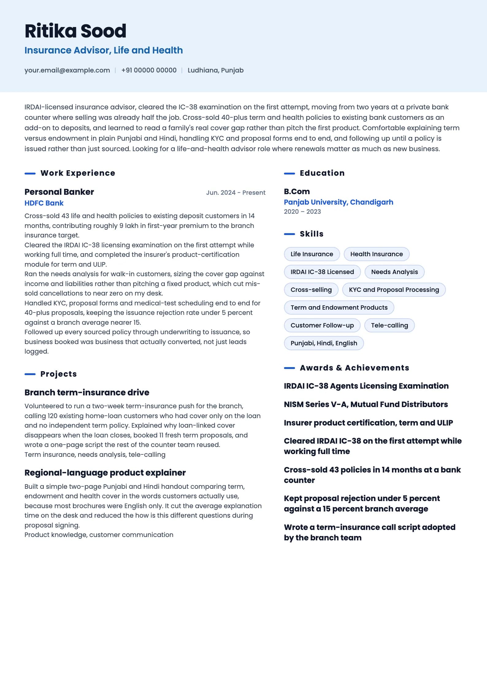 Insurance Agent resume example for Fresher (0 to 1 year), ai-era template, showing professional summary, work experience, projects, skills, education and certifications