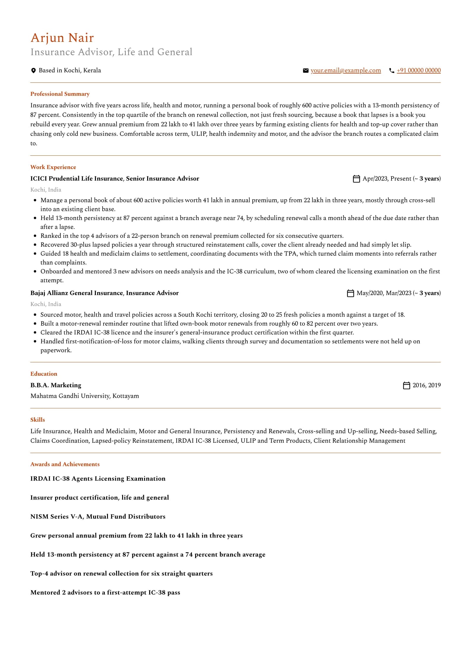 Insurance Agent resume example for Mid-level (5 years), professional template, showing professional summary, work experience, skills, education and certifications