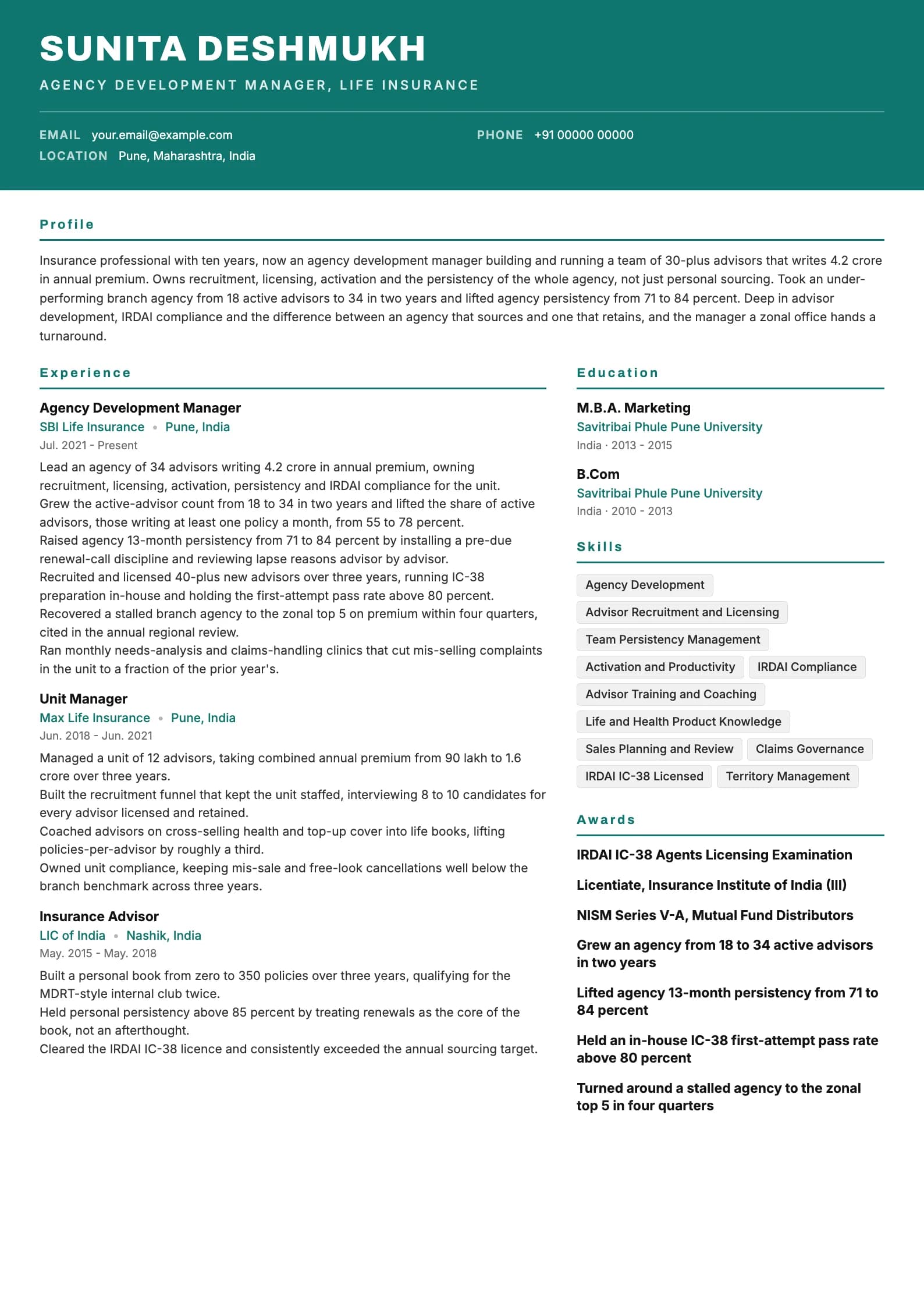 Insurance Agent resume example for Agency Manager (10 years), header-band template, showing professional summary, work experience, skills, education and certifications