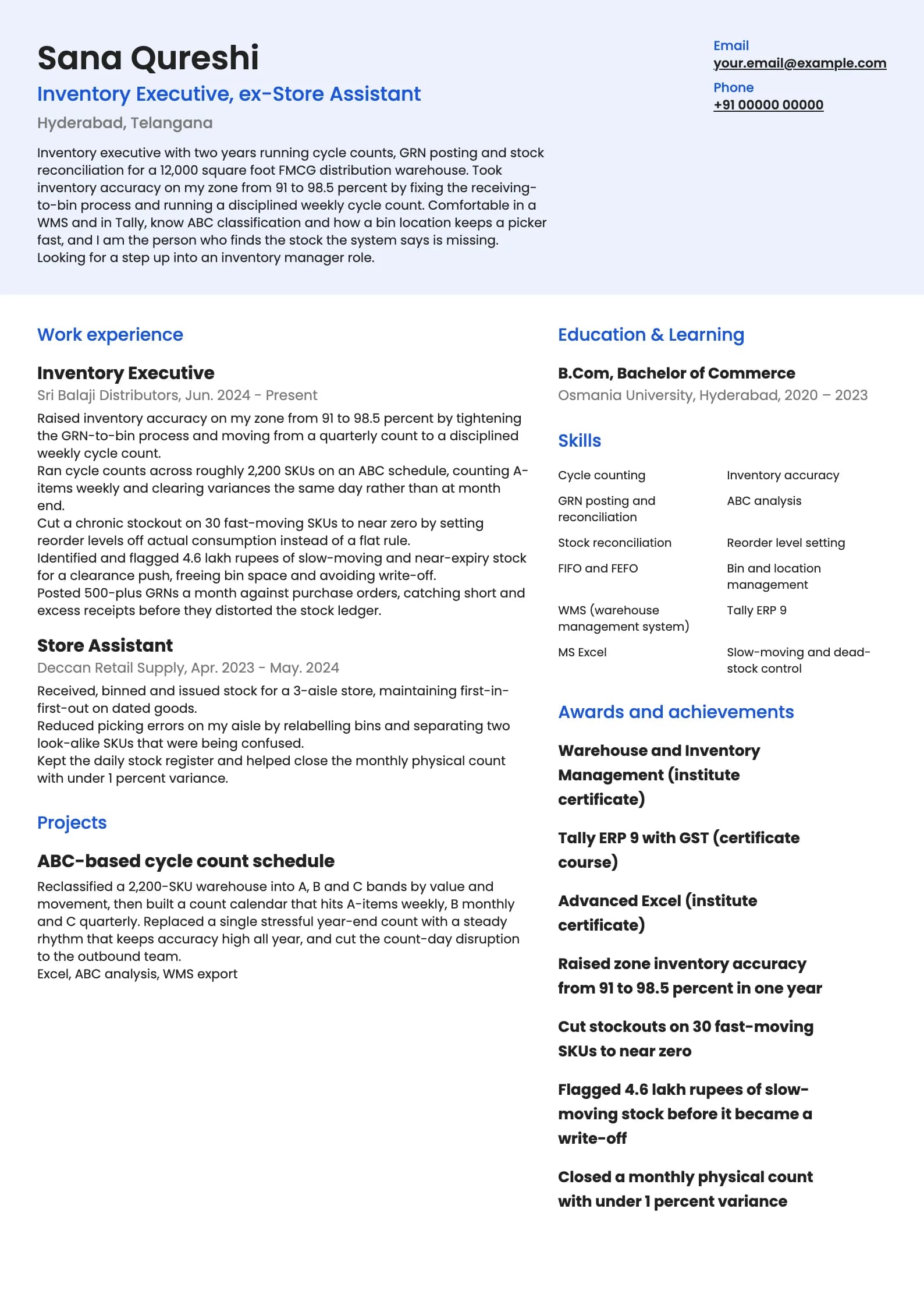 Inventory Manager resume example for Junior inventory executive (2 years), modern template, showing professional summary, work experience, projects, skills, education and certifications