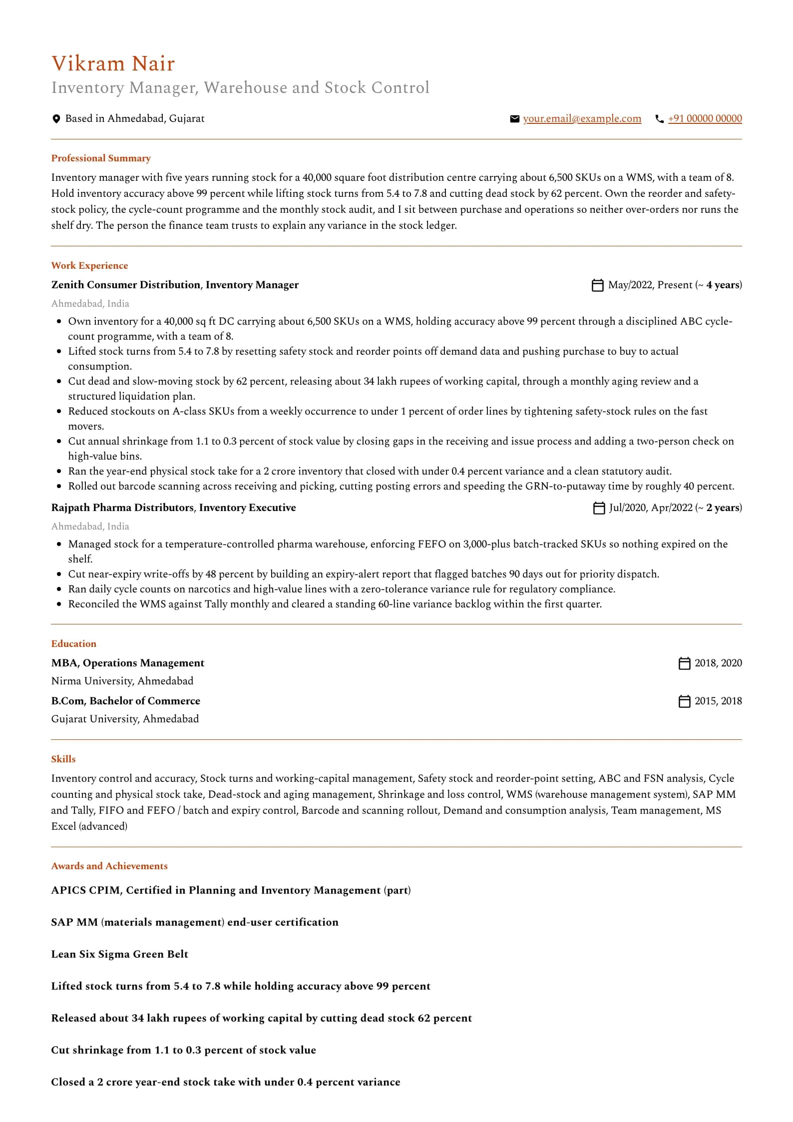 Inventory Manager resume example for Inventory manager (5 years), professional template, showing professional summary, work experience, skills, education and certifications