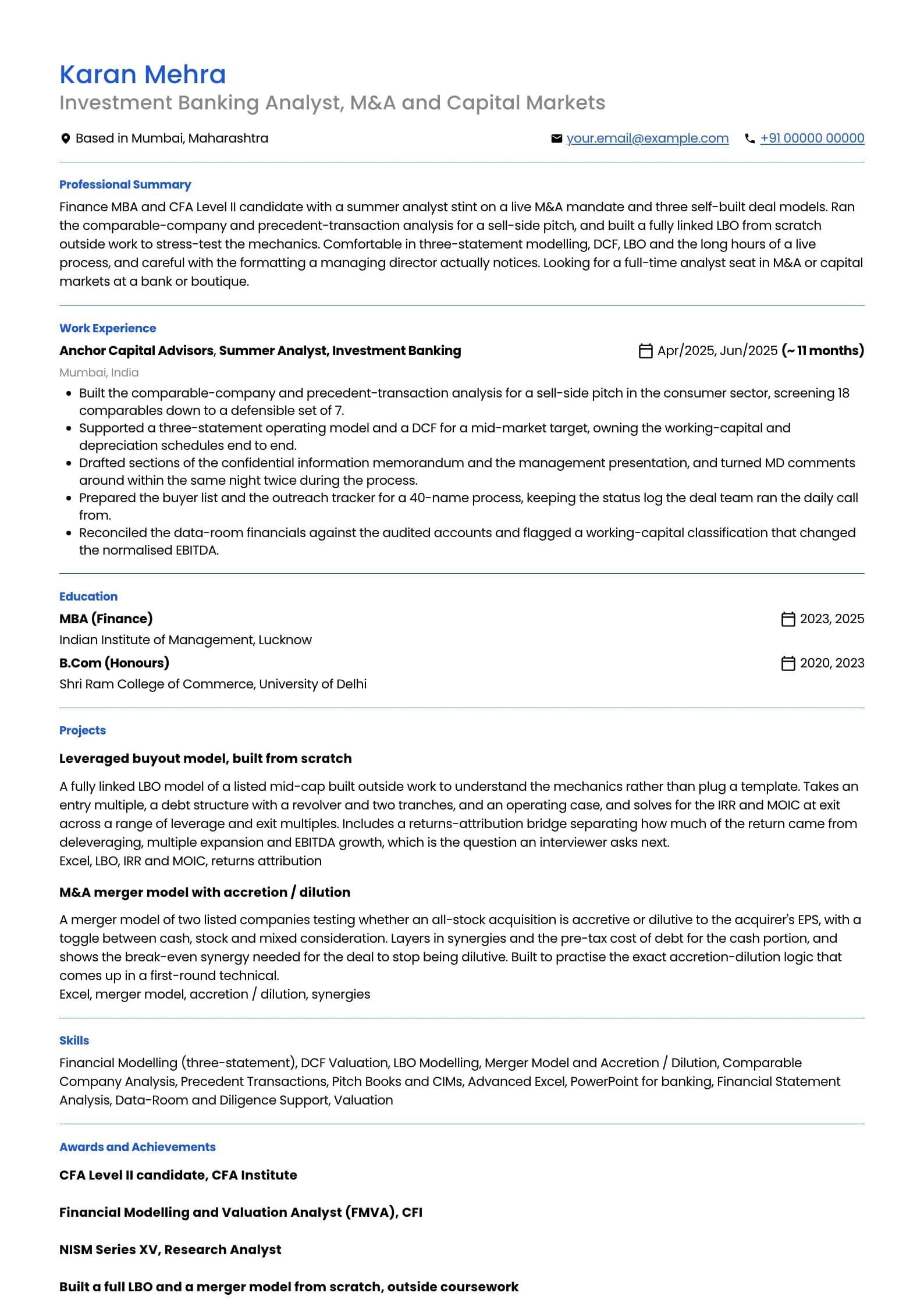 Investment Banker resume example for Analyst / Entry (0 to 1 year), minimalist template, showing professional summary, work experience, projects, skills, education and certifications