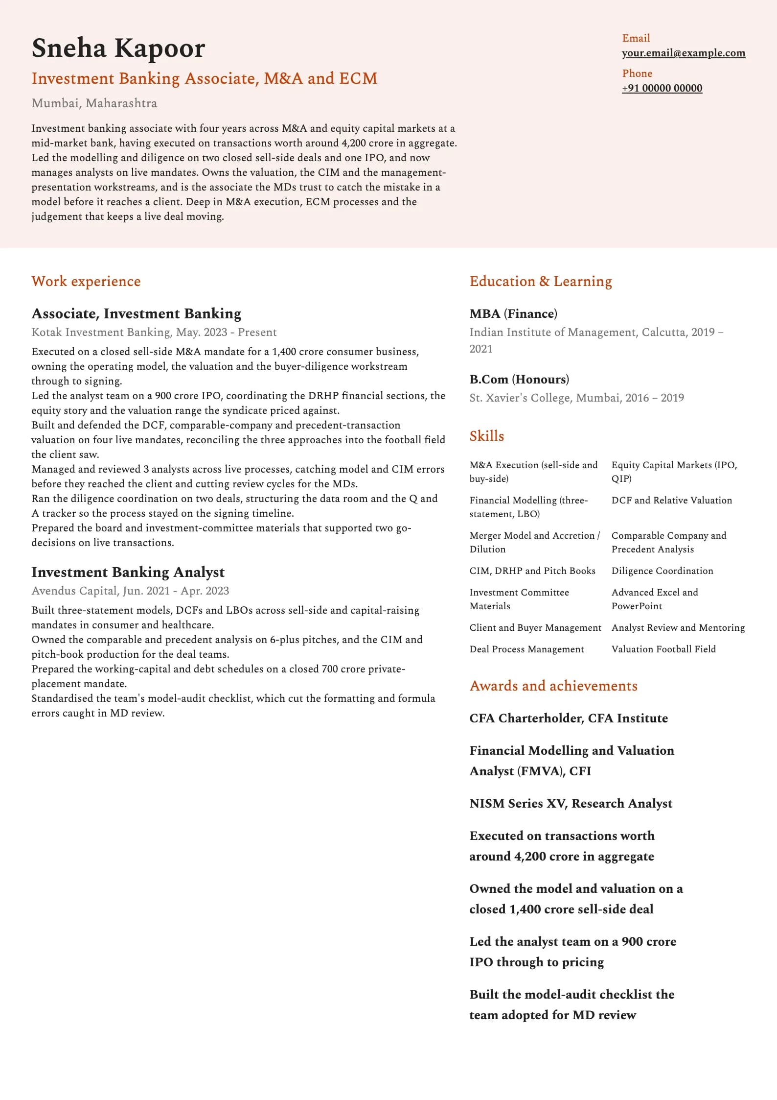Investment Banker resume example for Associate (4 years), modern template, showing professional summary, work experience, skills, education and certifications