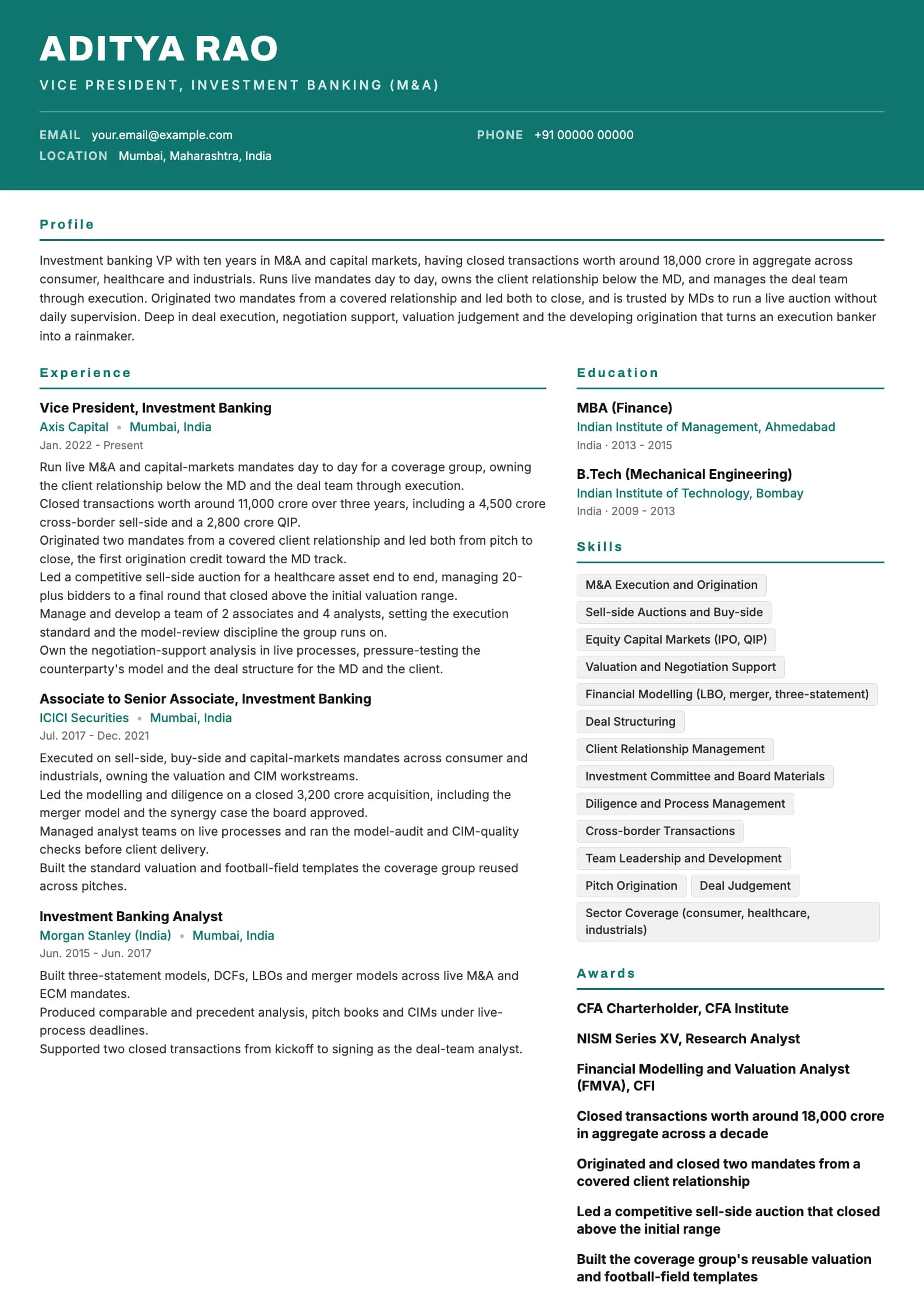 Investment Banker resume example for Vice President (10 years), header-band template, showing professional summary, work experience, skills, education and certifications