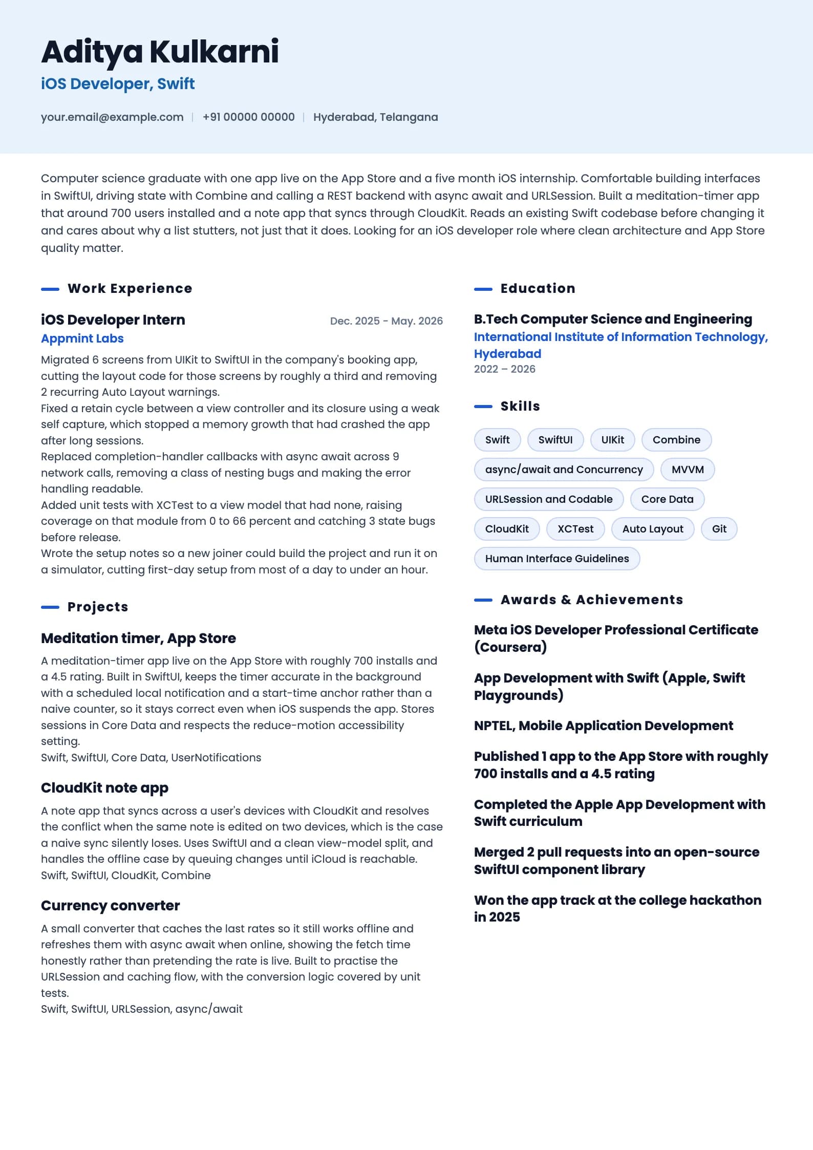 iOS Developer resume example for Fresher (0 years), ai-era template, showing professional summary, work experience, projects, skills, education and certifications