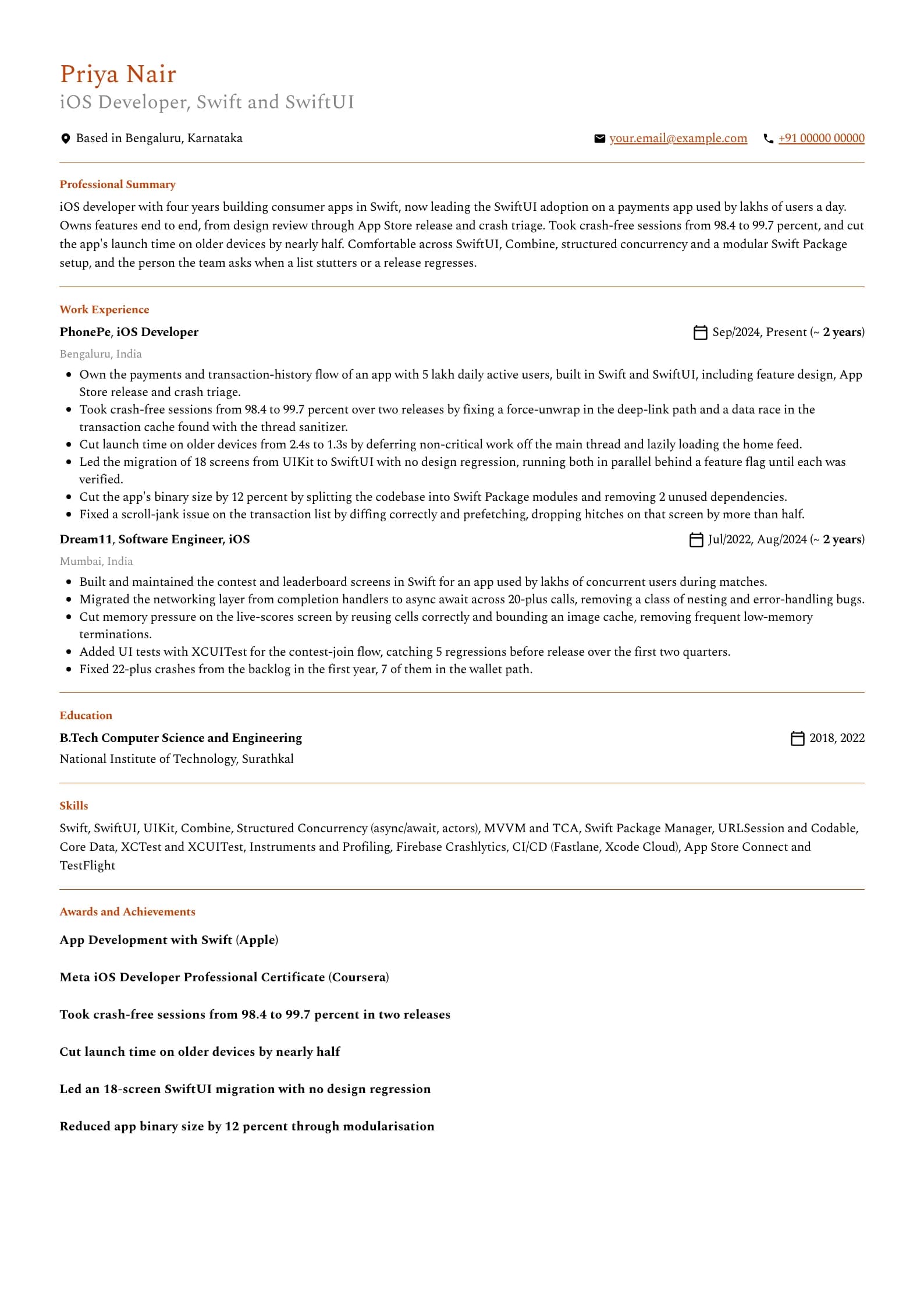 iOS Developer resume example for Mid-level (4 years), professional template, showing professional summary, work experience, skills, education and certifications