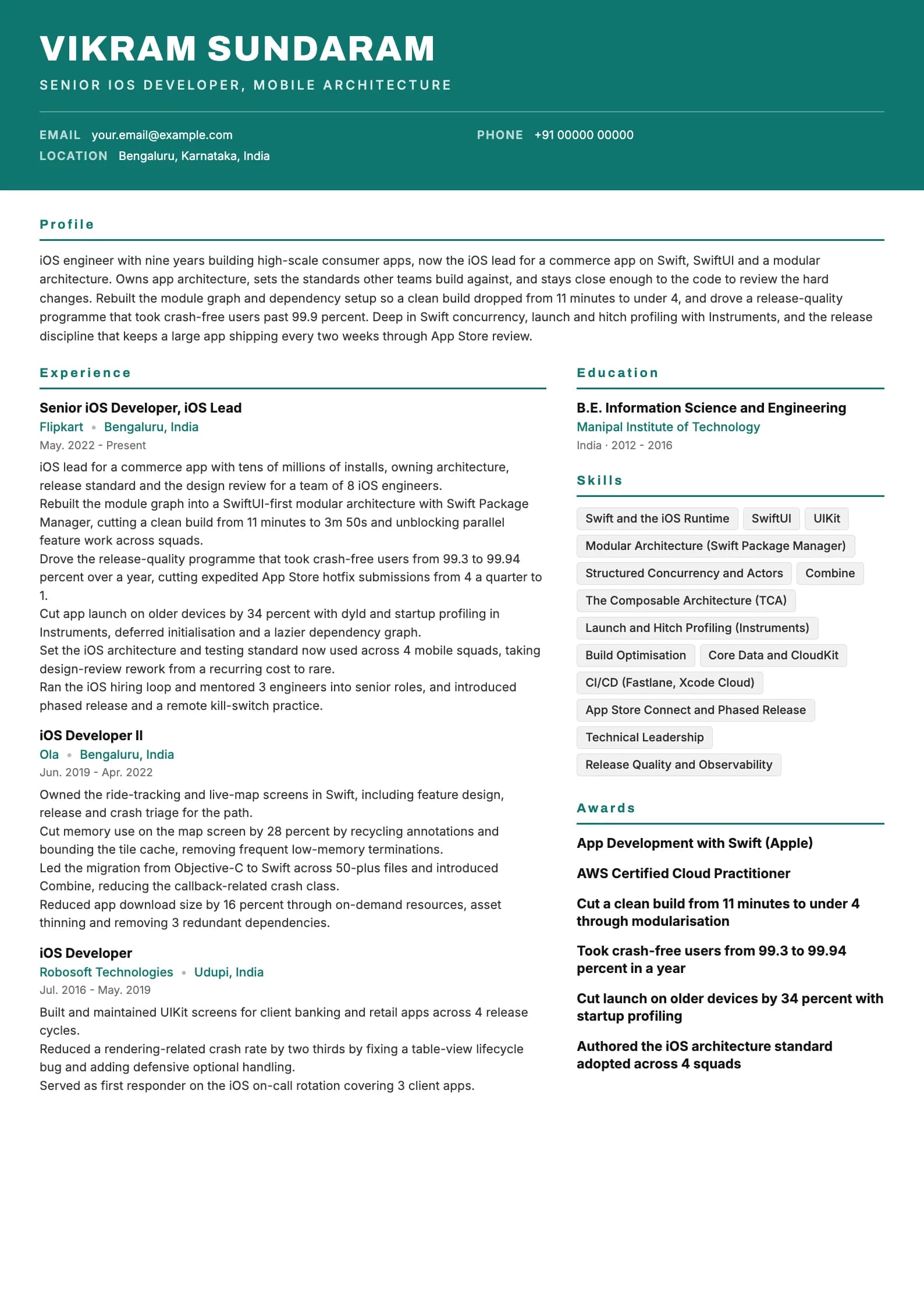 iOS Developer resume example for Senior (9 years), header-band template, showing professional summary, work experience, skills, education and certifications