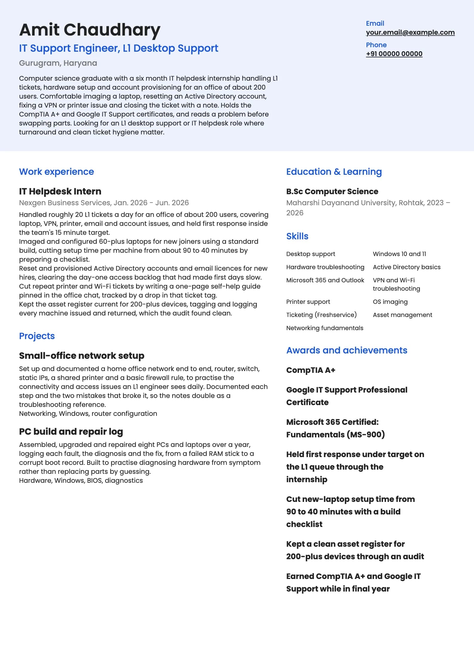 IT Support resume example for Fresher (0 to 1 year), modern template, showing professional summary, work experience, projects, skills, education and certifications