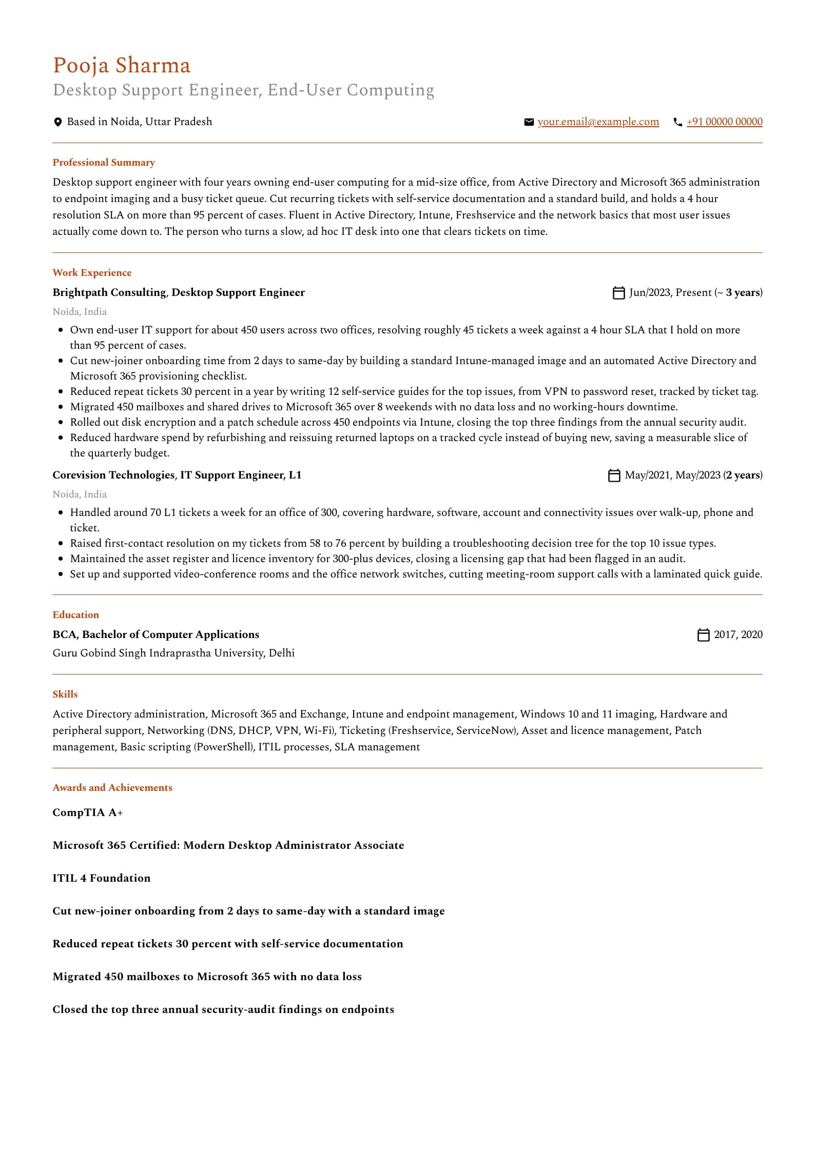 IT Support resume example for Desktop Support (4 years), professional template, showing professional summary, work experience, skills, education and certifications