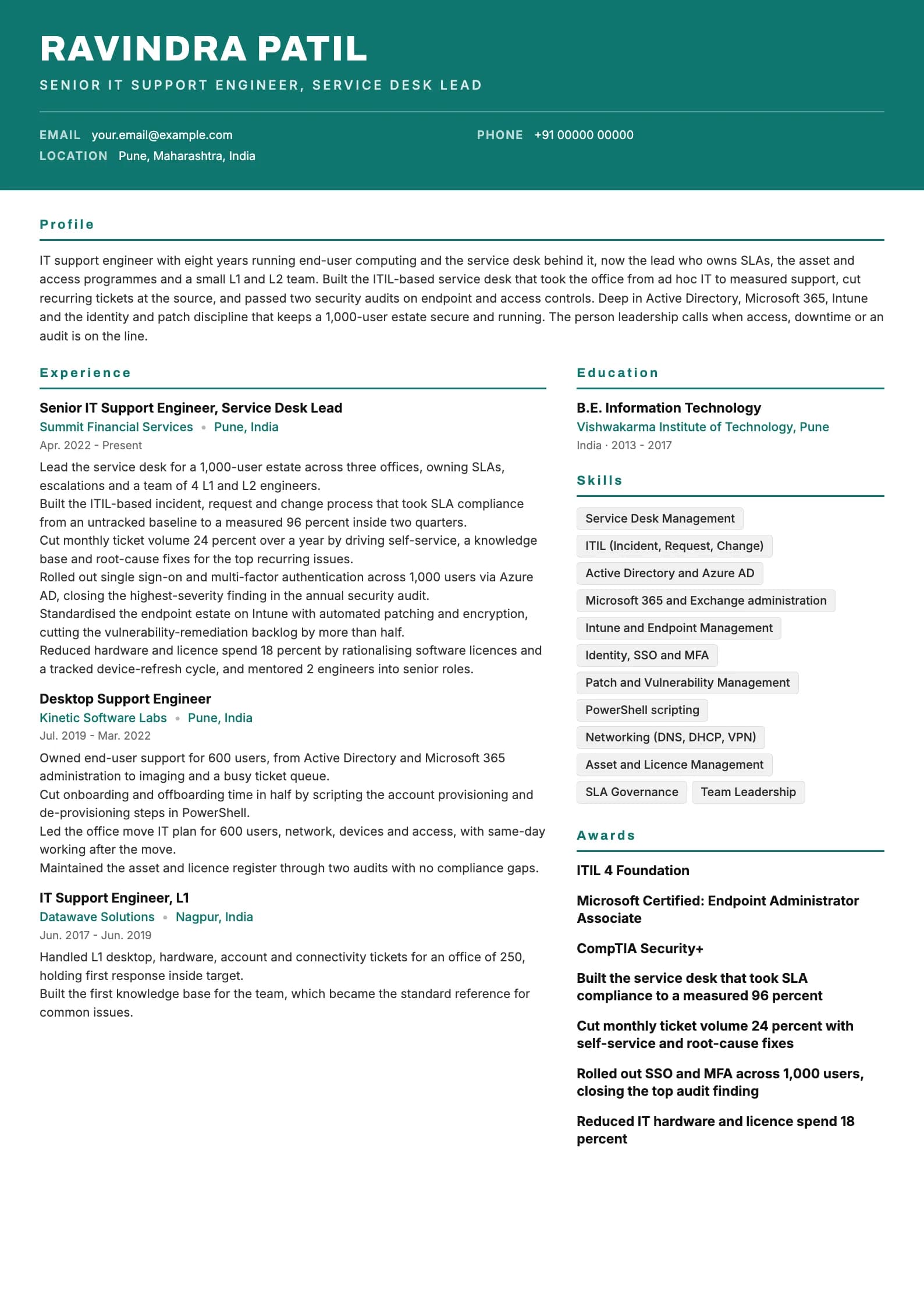 IT Support resume example for Senior IT Support (8 years), header-band template, showing professional summary, work experience, skills, education and certifications
