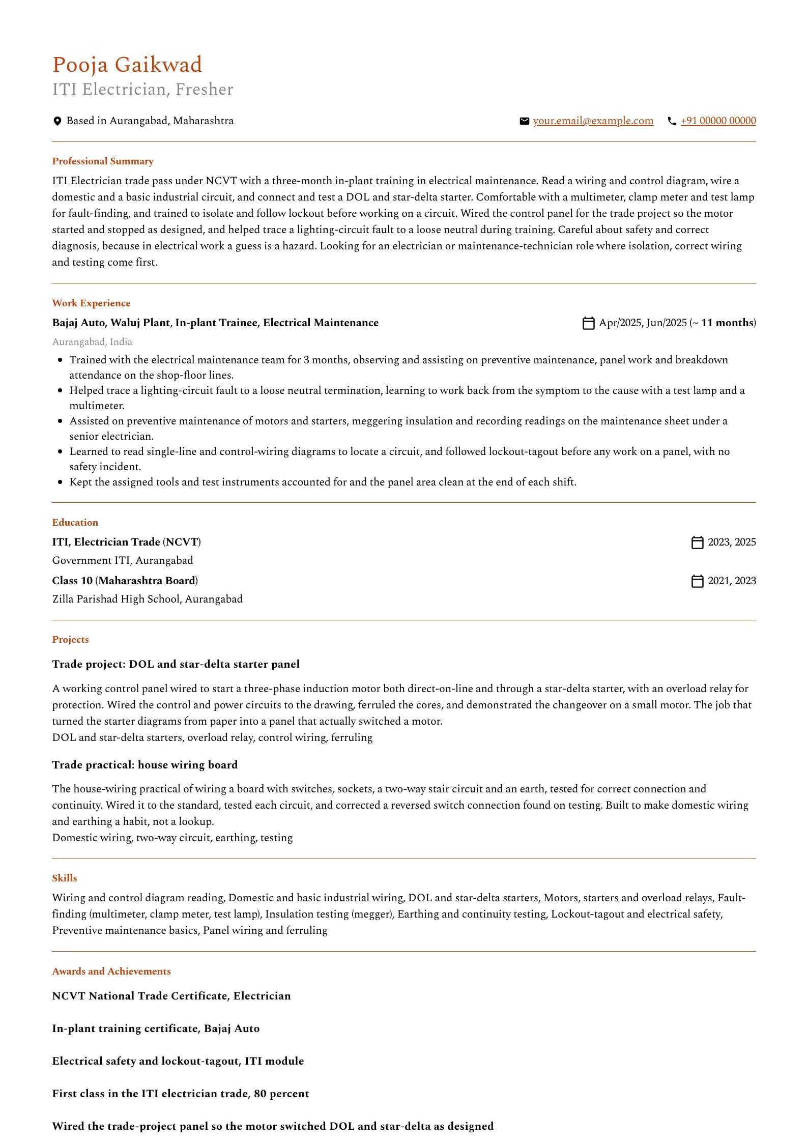 ITI Fresher resume example for ITI Electrician, Fresher (0 years), professional template, showing professional summary, work experience, projects, skills, education and certifications