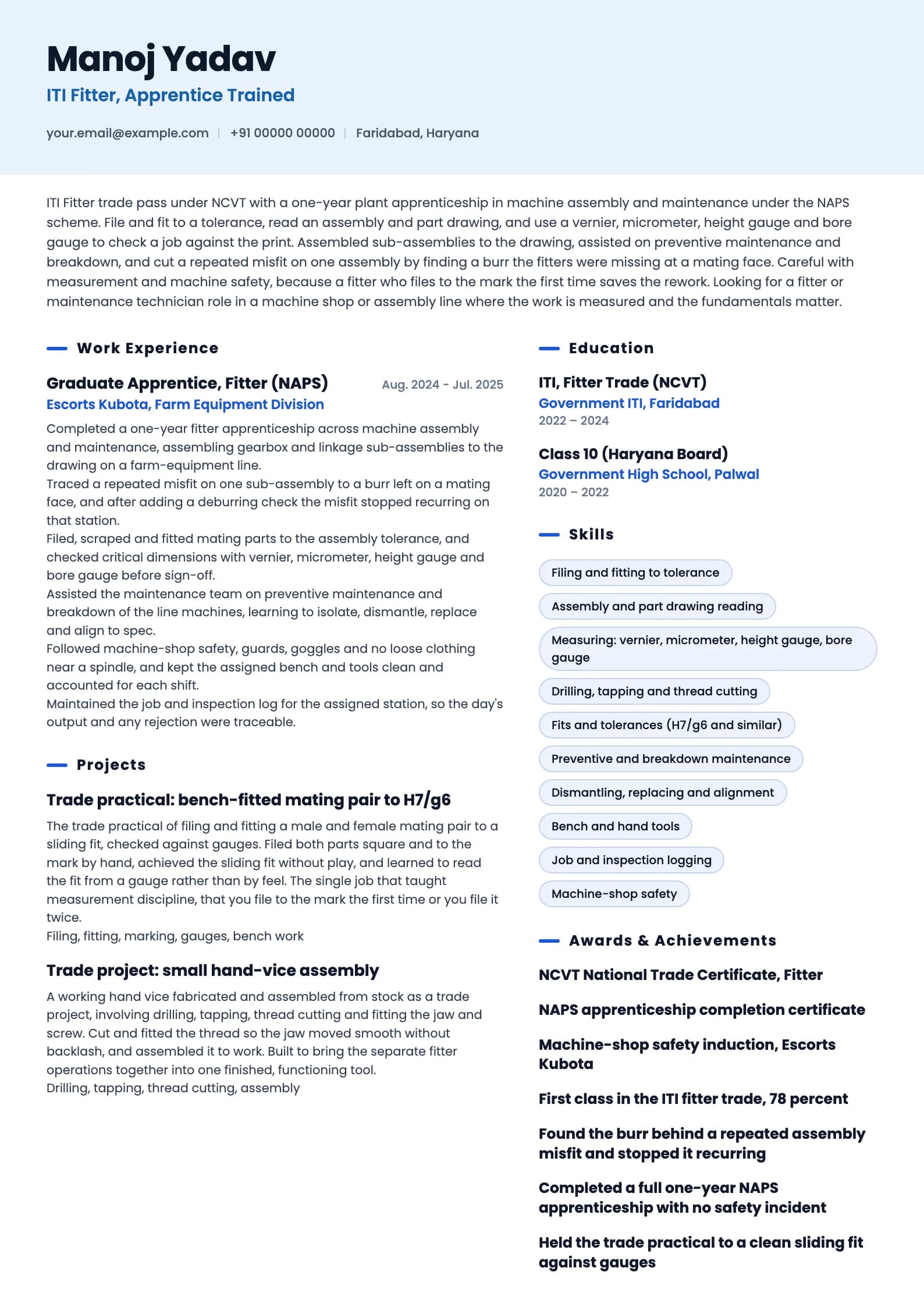 ITI Fresher resume example for ITI Fitter with Apprenticeship (1 year), ai-era template, showing professional summary, work experience, projects, skills, education and certifications