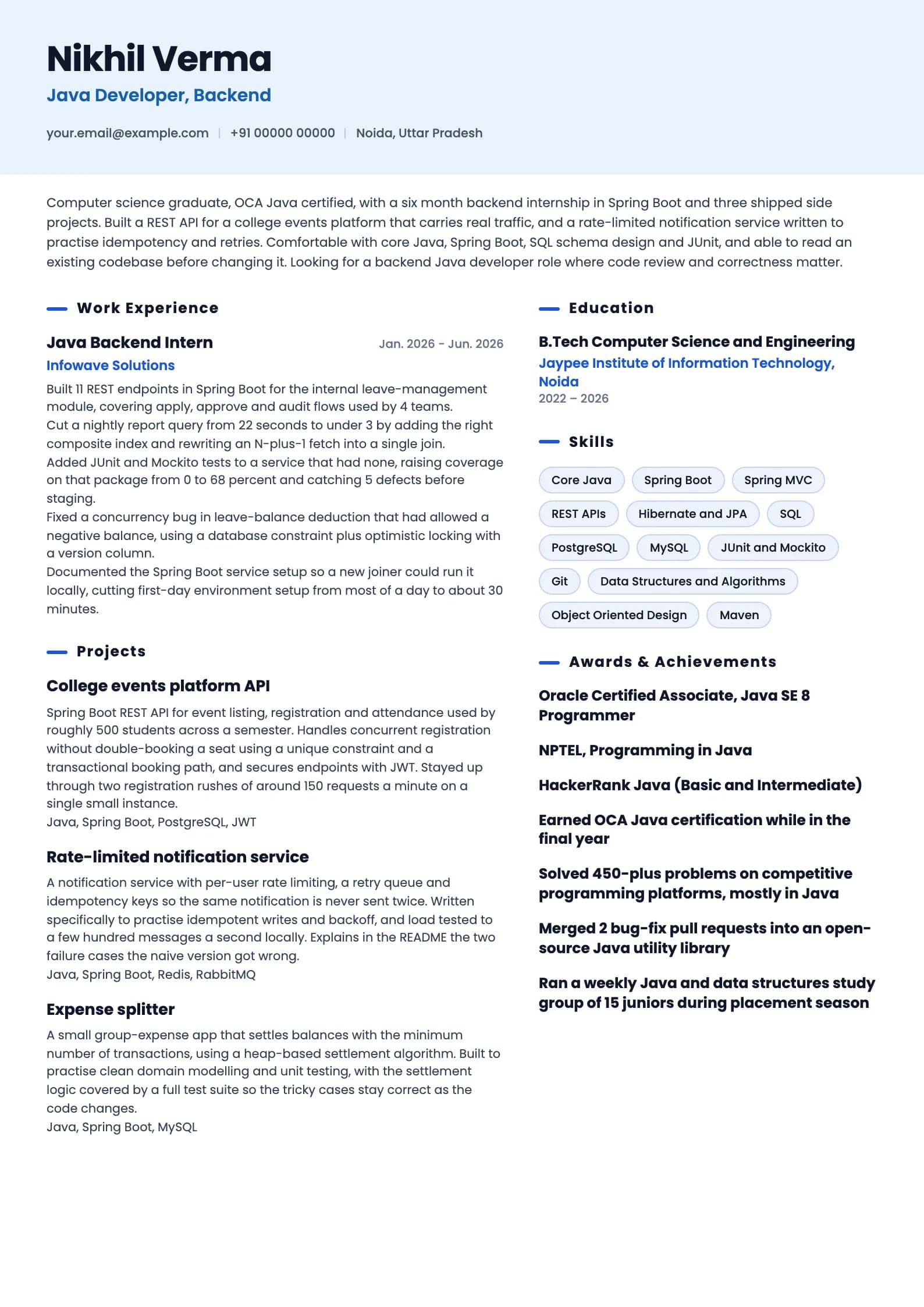 Java Developer resume example for Fresher (0 years), ai-era template, showing professional summary, work experience, projects, skills, education and certifications