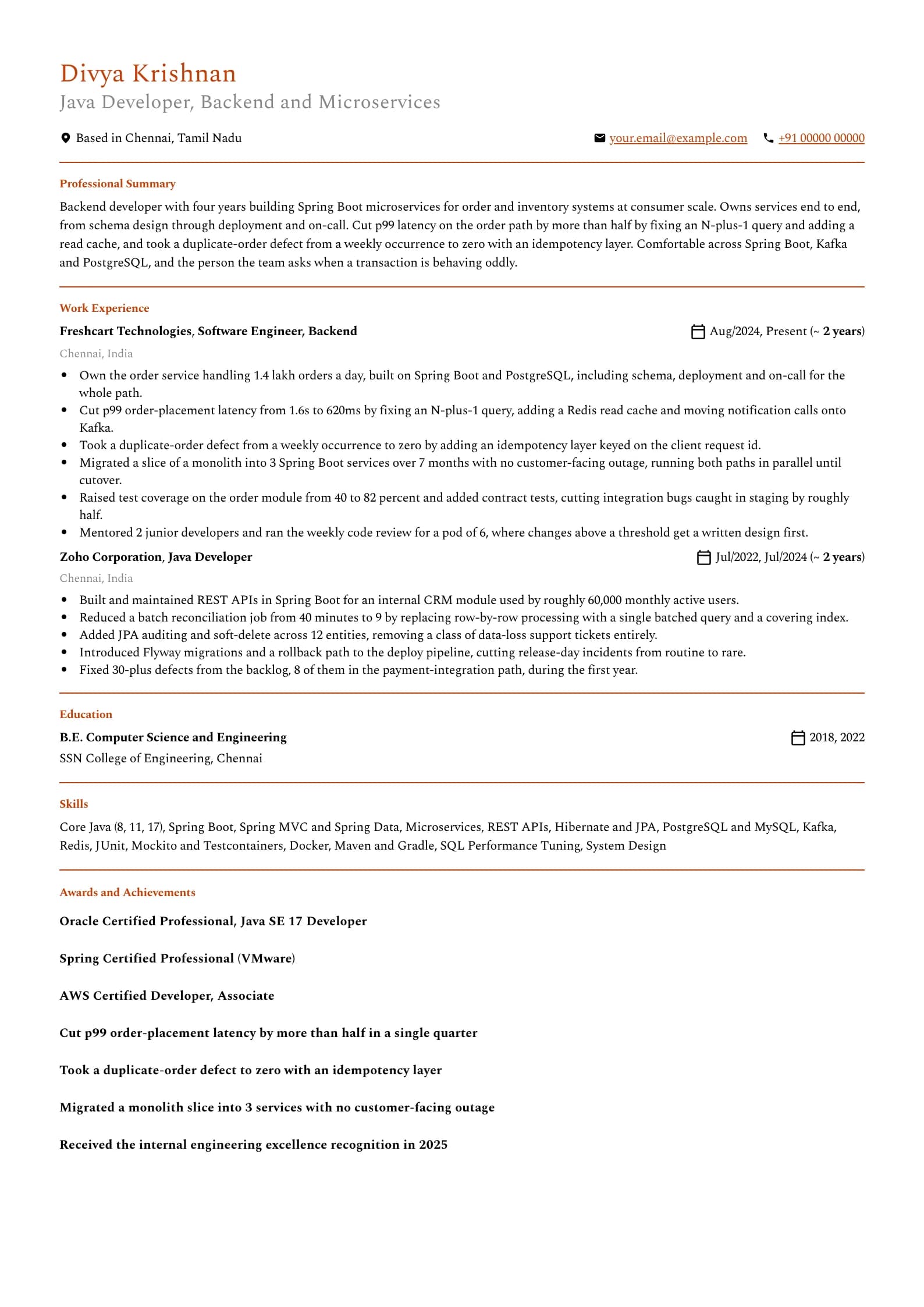 Java Developer resume example for Mid-level (4 years), professional template, showing professional summary, work experience, skills, education and certifications